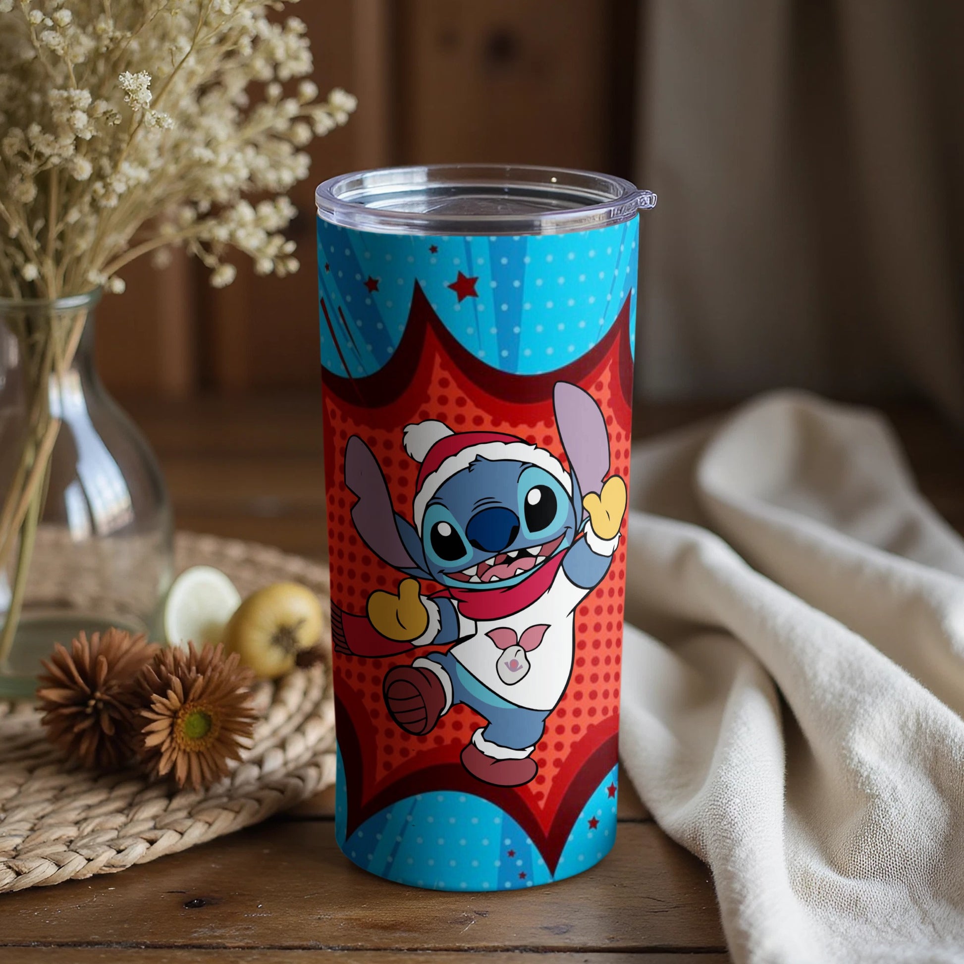 Stitch Tumbler Featuring Santa Hat and Pop Art Design