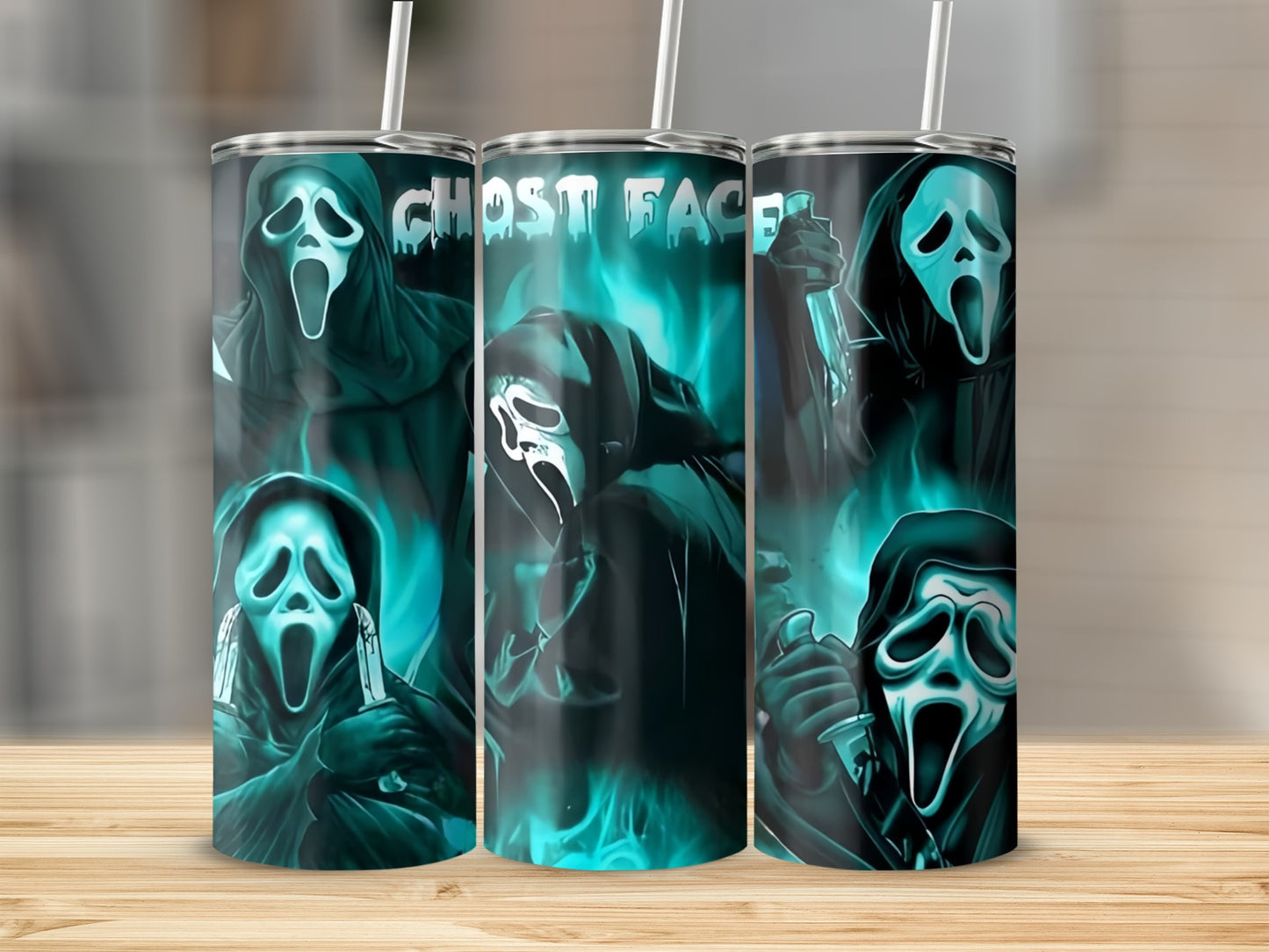 Ghostface masks with knives in a dark, smoky teal background.