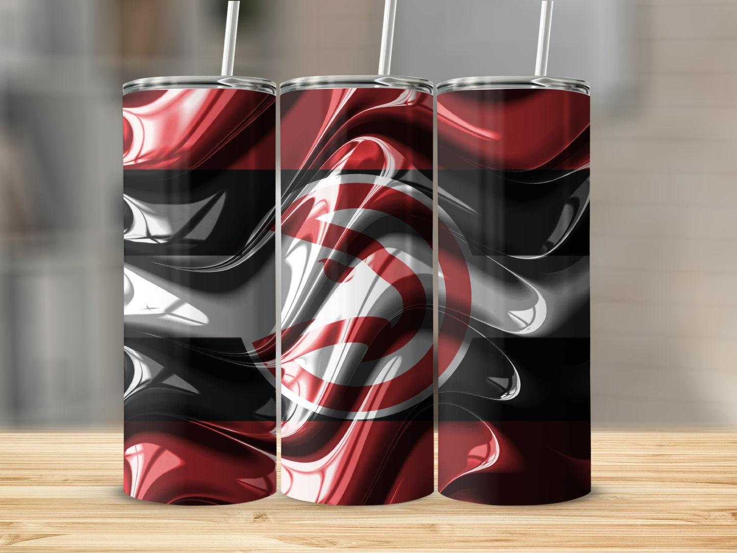 Flowing Reds And Blacks With Symbol Centered Tumblers