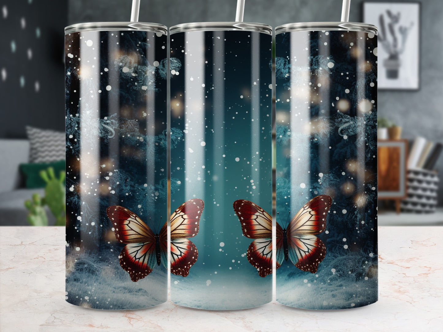Two detailed monarch butterflies on a blue, starry background tumbler.