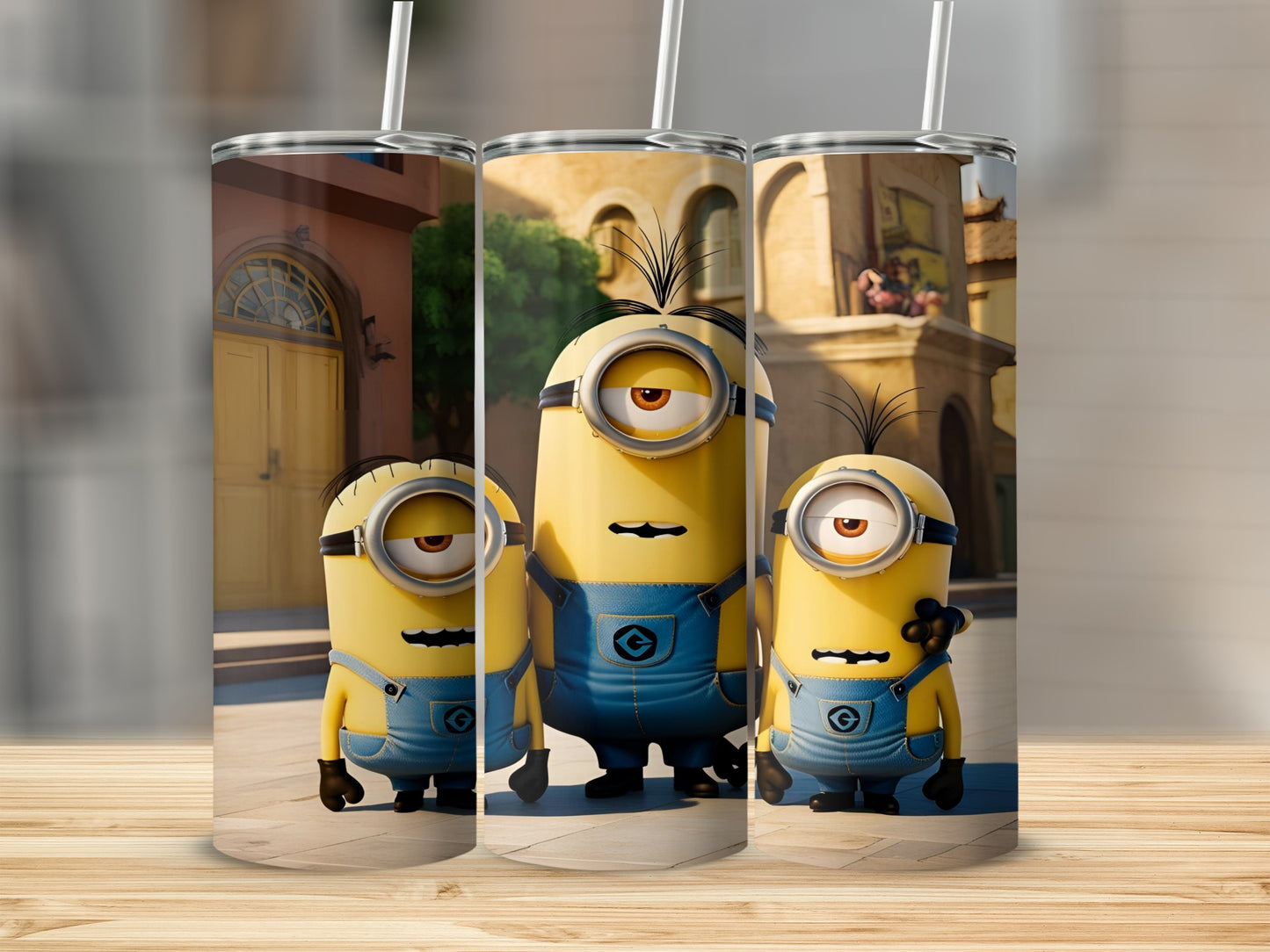 Three Minions from Despicable Me wearing blue overalls stand in a European-style street.