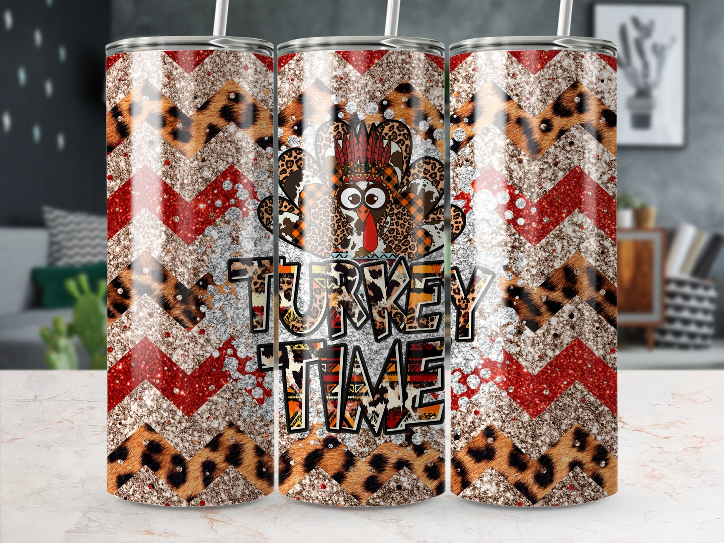 Turkey Time tumbler with chevron and leopard print patterns.