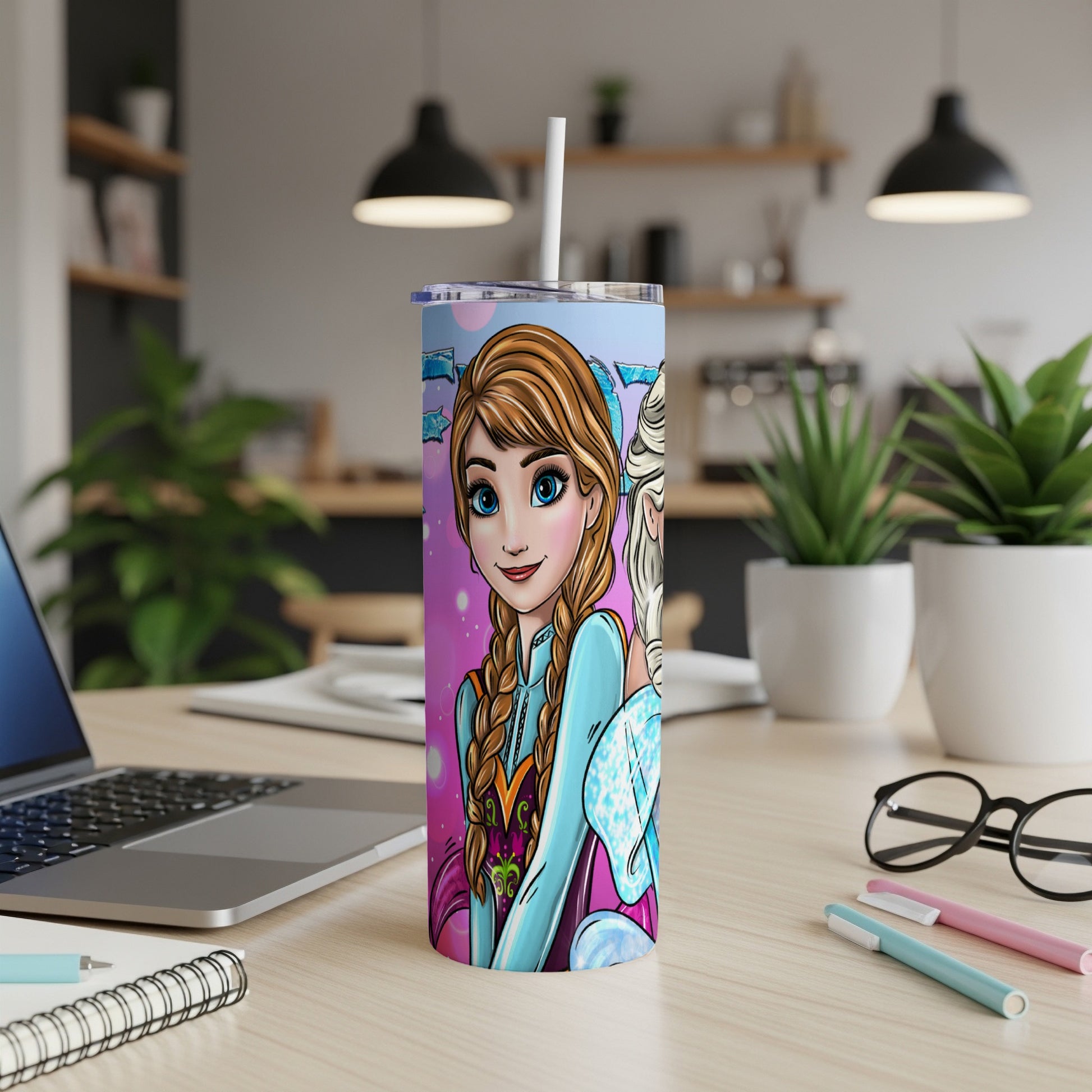 Tumbler featuring Disney's Elsa and Anna in colorful outfits.