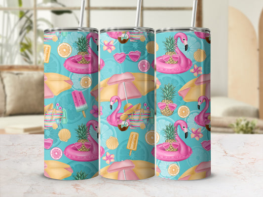 Pink flamingo and pineapple beach pattern on three tumblers.