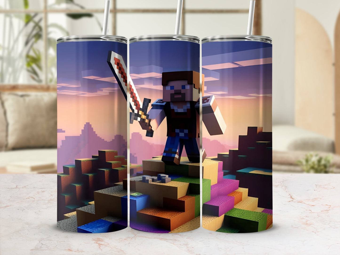 Steve holding a sword on a pixelated landscape.