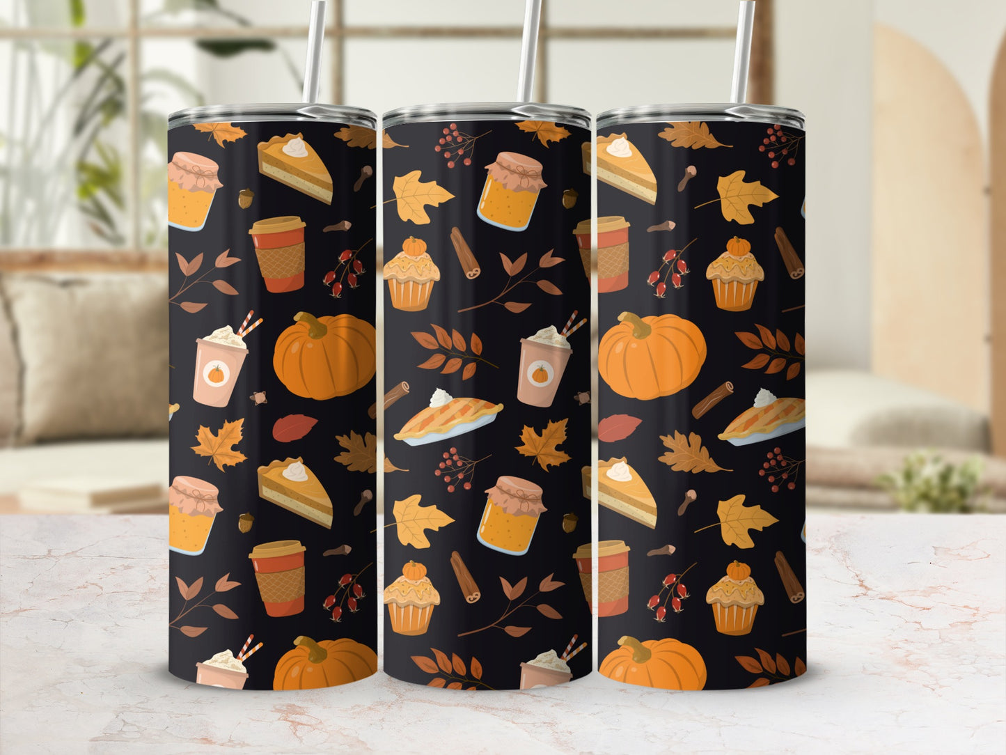 Pumpkin pie, pie slices, and latte cups with fall leaves on a patterned tumbler.
