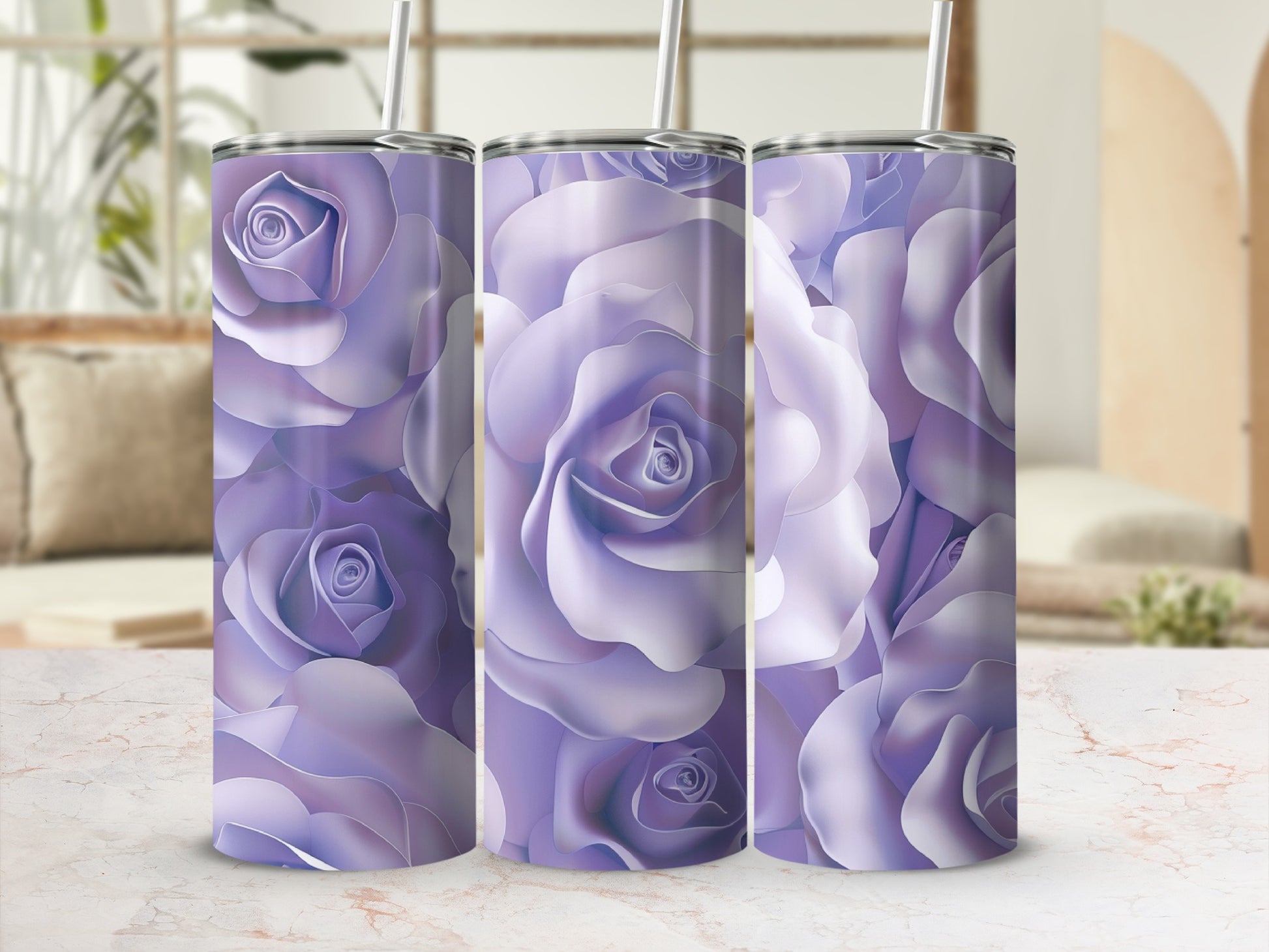 Three tumblers with a repeating floral pattern of purple roses.