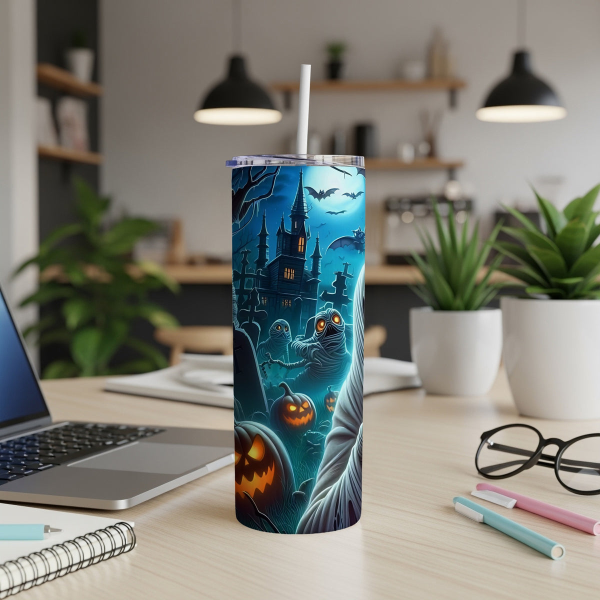Halloween tumbler with mummies, jack-o'-lanterns, bats, and a haunted castle.