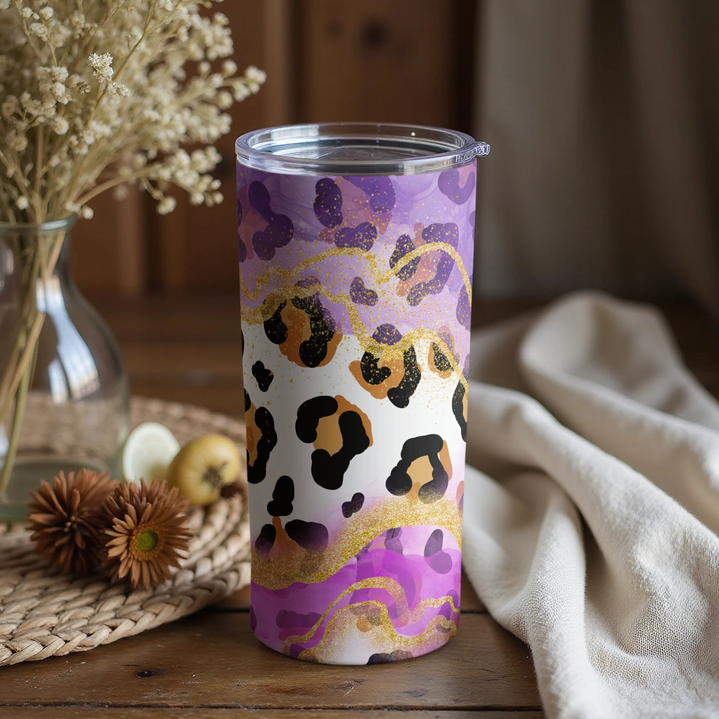 Purple Leopard Print Tumbler with Gold Accents Cup