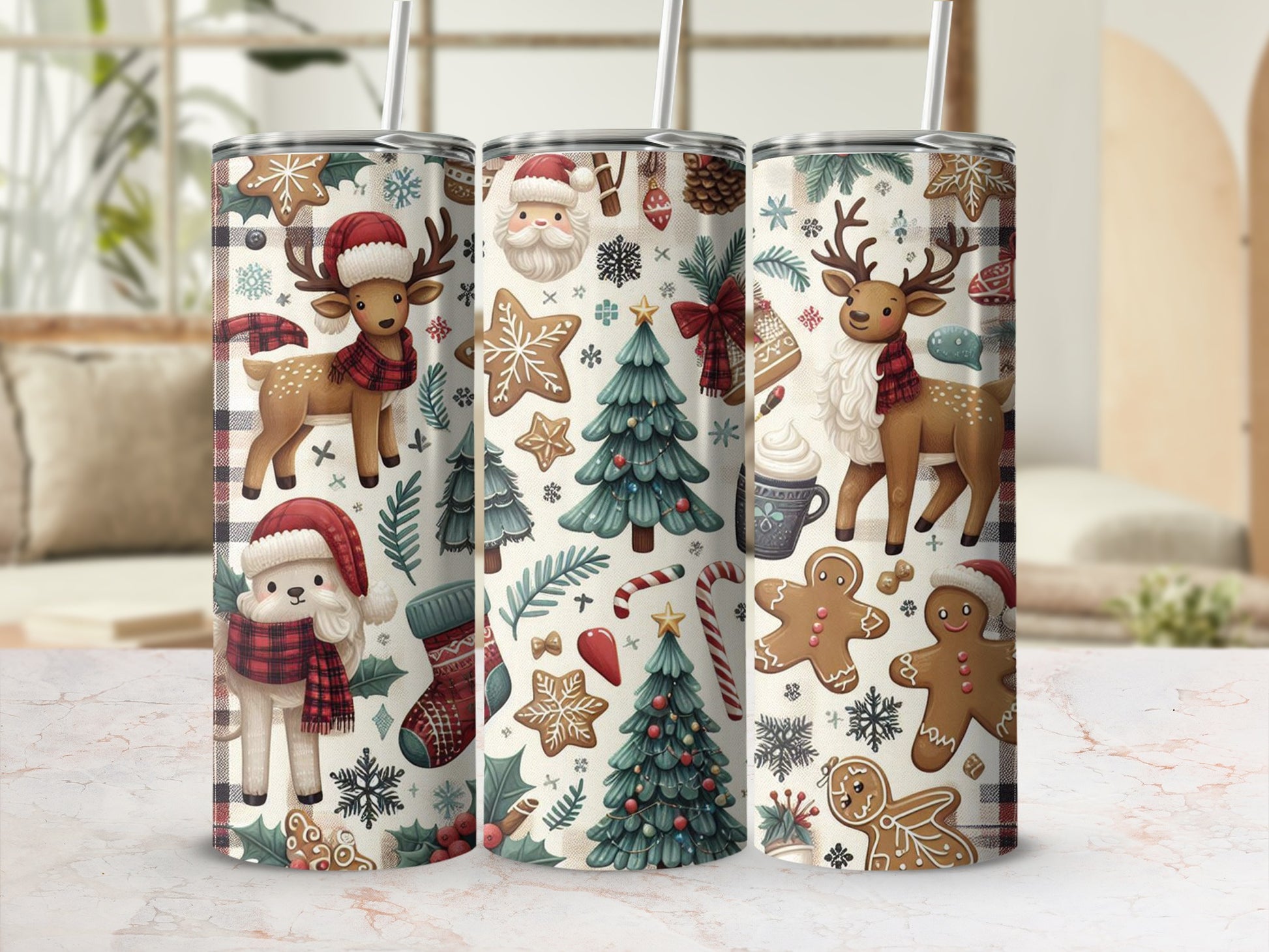 Christmas themed tumbler with reindeer, Santa, trees, and gingerbread cookies.