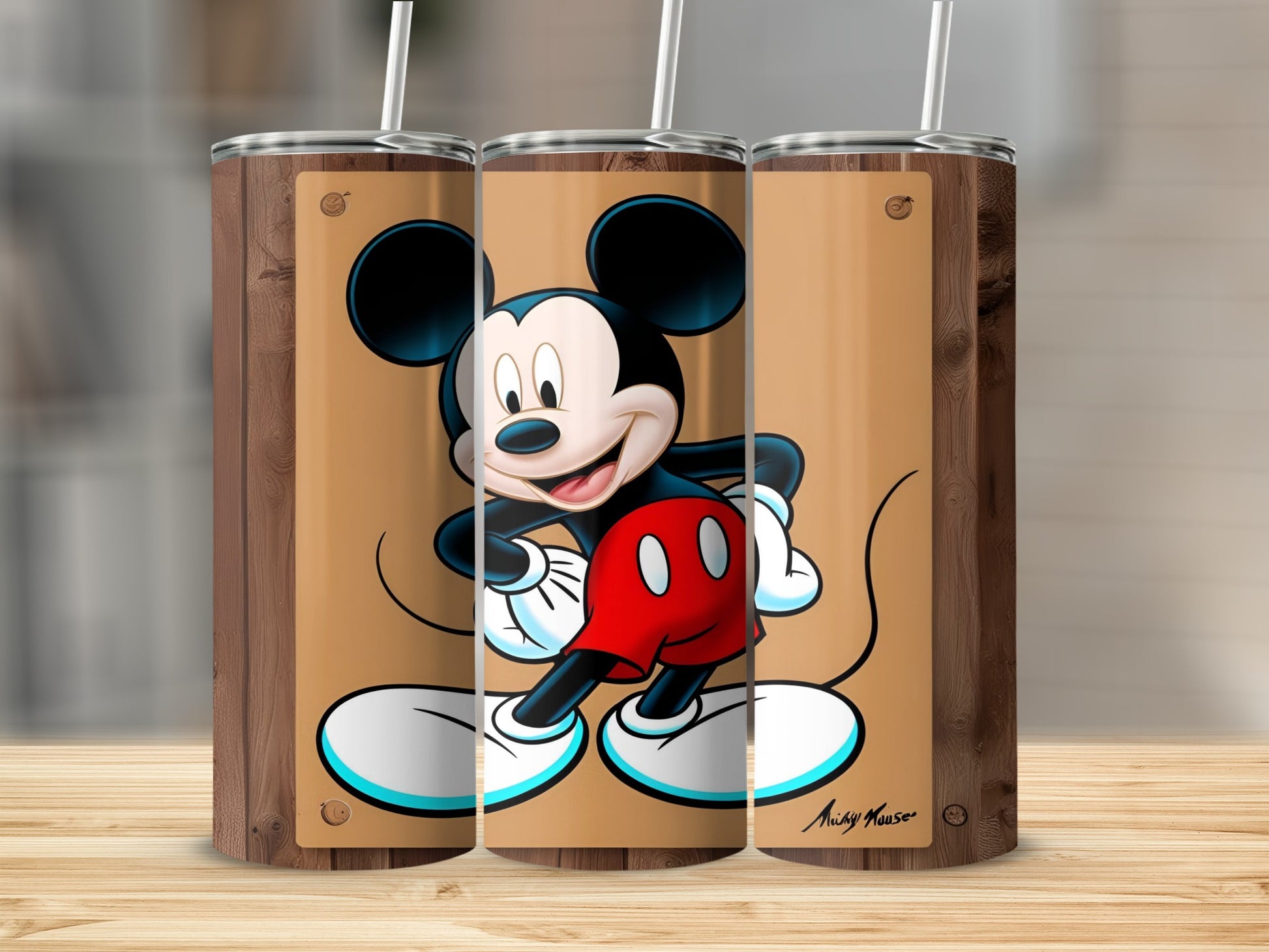 Mickey Mouse on a rustic wooden tumbler with straw.