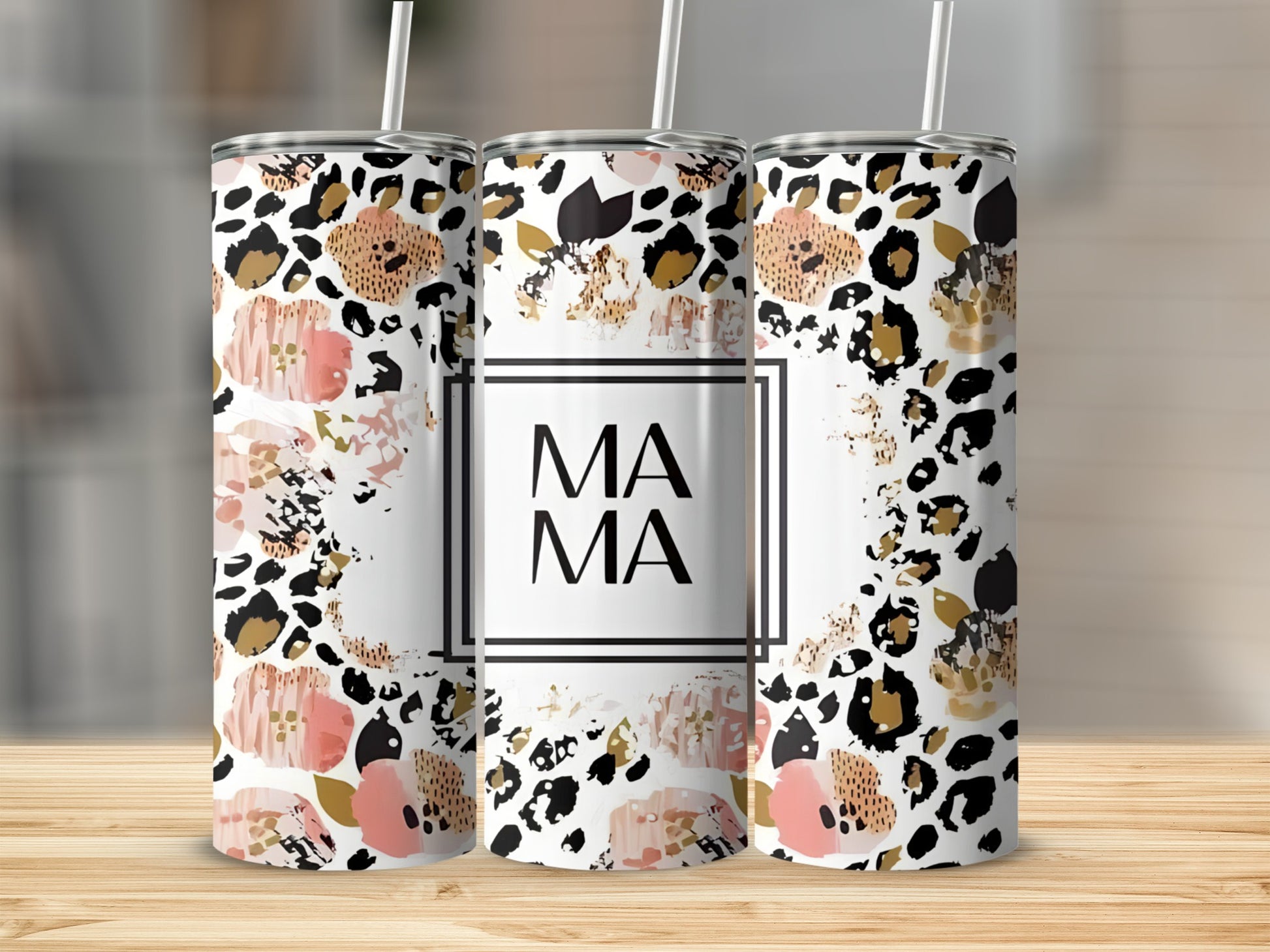 Mama tumbler with floral and leopard print design.