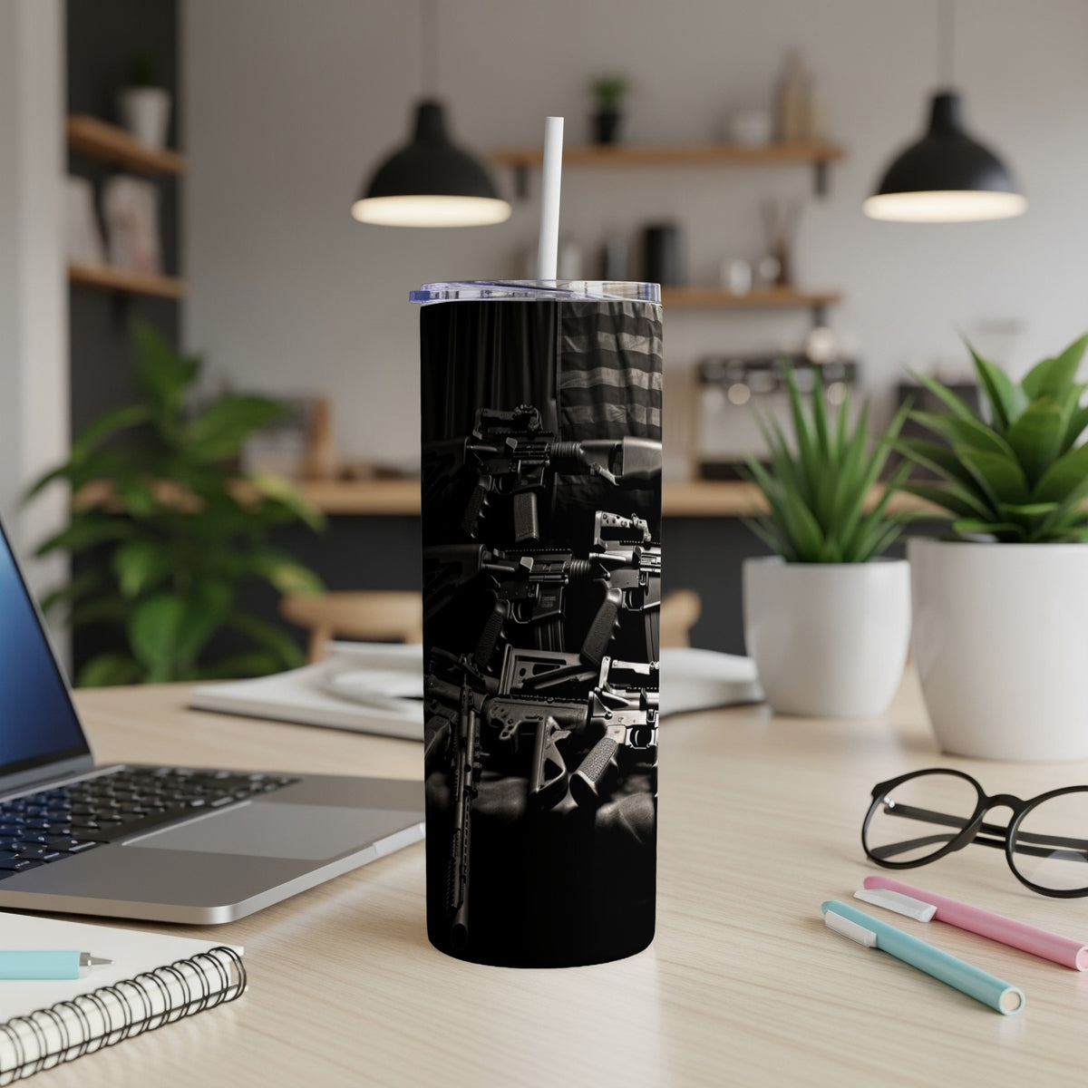 Black tumbler with distressed American flag pattern and firearms graphic.