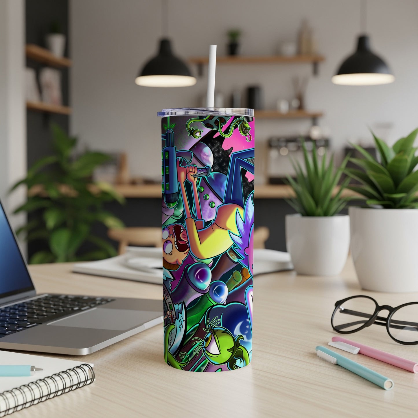 Rick and Morty characters on a colorful, tall, cylindrical tumbler.