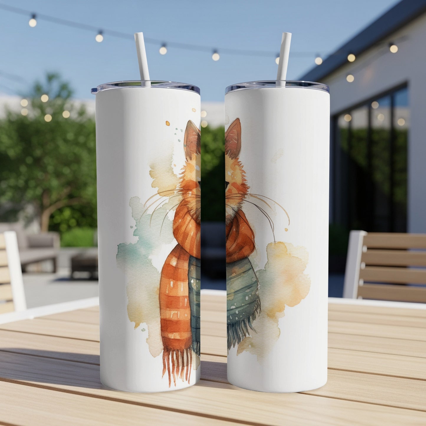 White tumblers with a watercolor cat wearing a scarf.