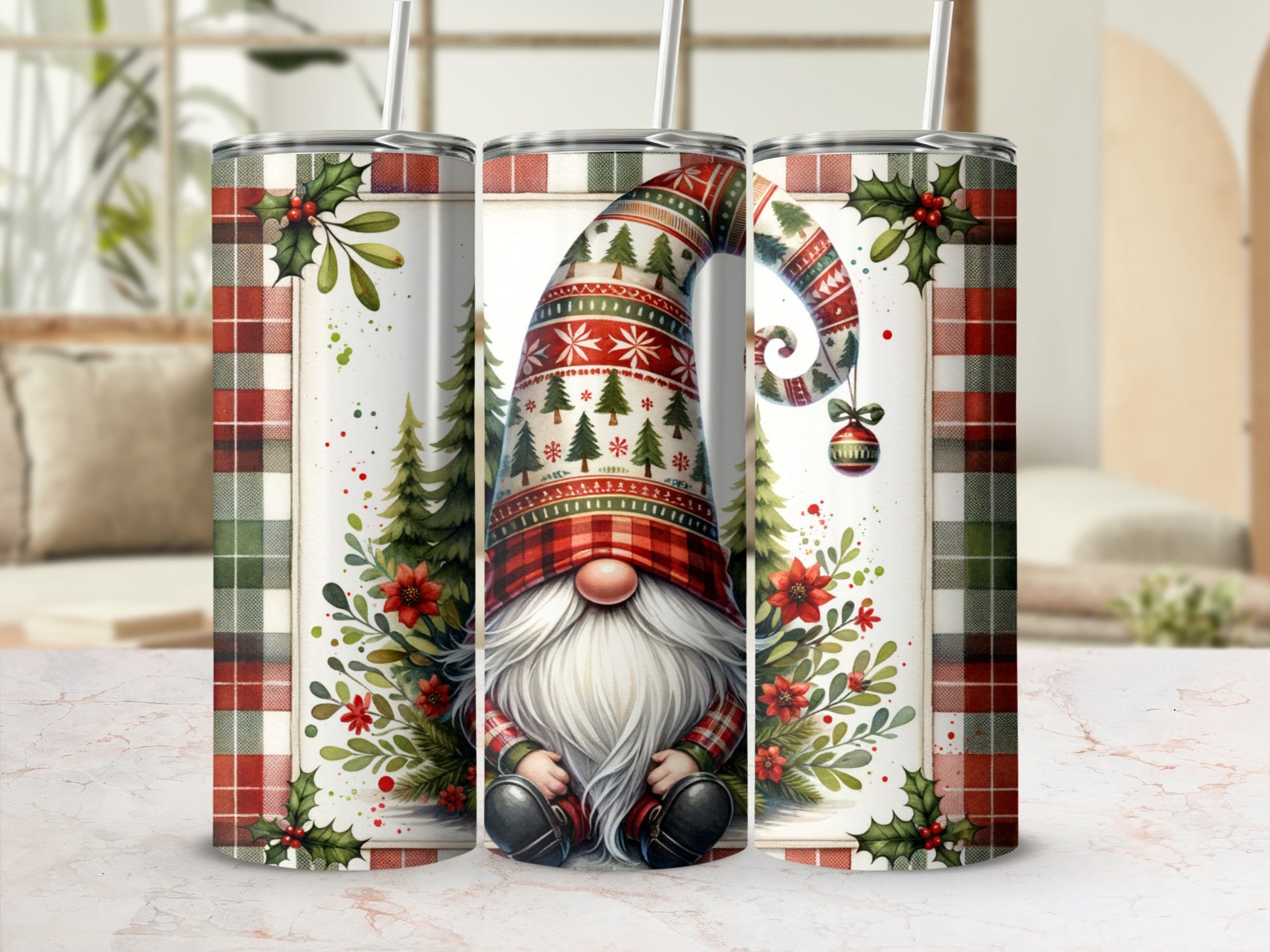 Tapered tumbler with gnome wearing a plaid hat, surrounded by holly and pine trees.