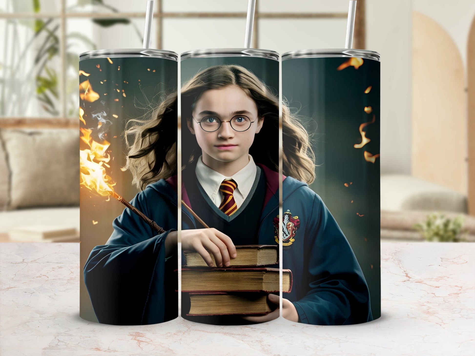 Harry Potter holding books with flames, on a tumbler.
