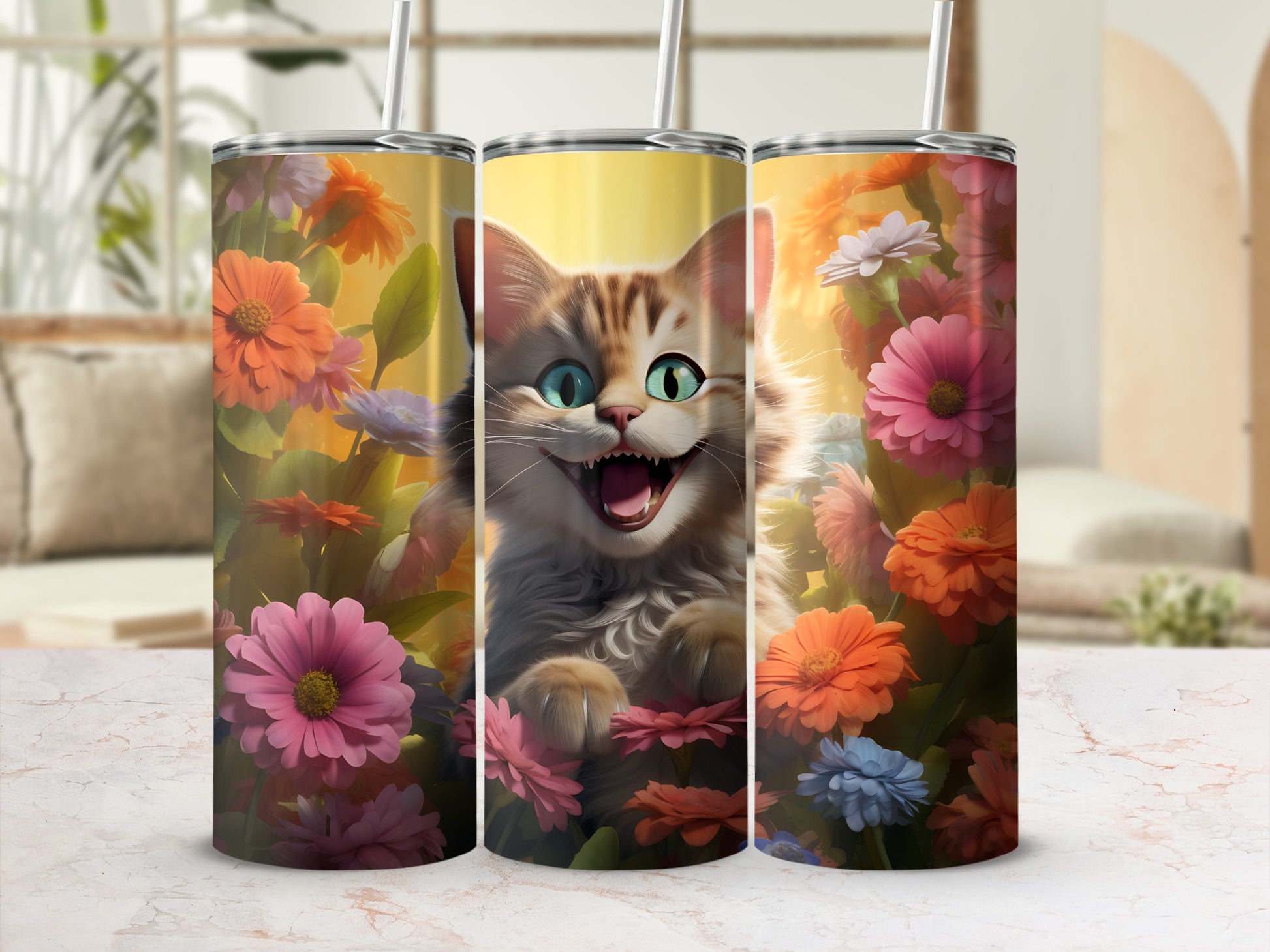 Tumbling tabby kitten with big blue eyes surrounded by colorful flowers.