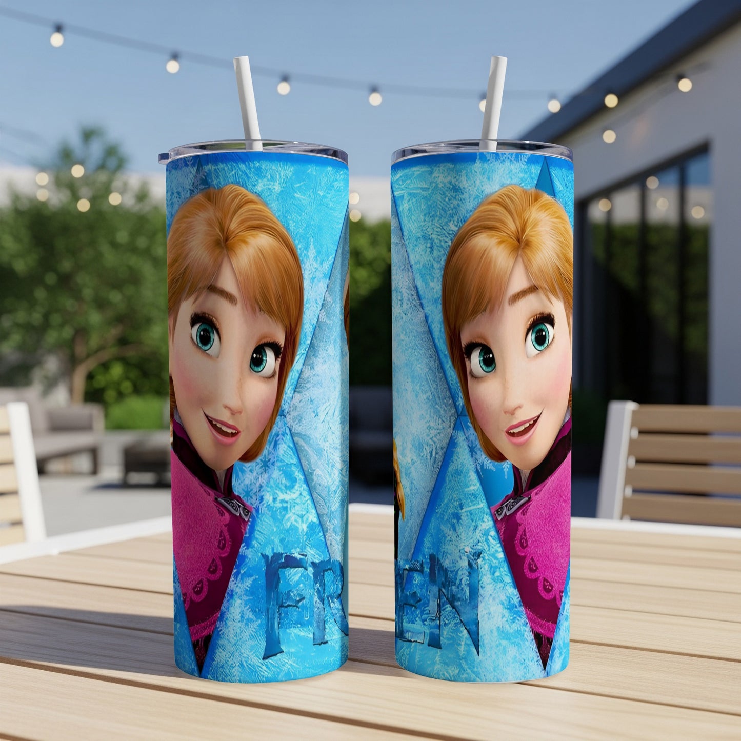 Two tumblers featuring Disney's Anna with blue icy patterns and text.