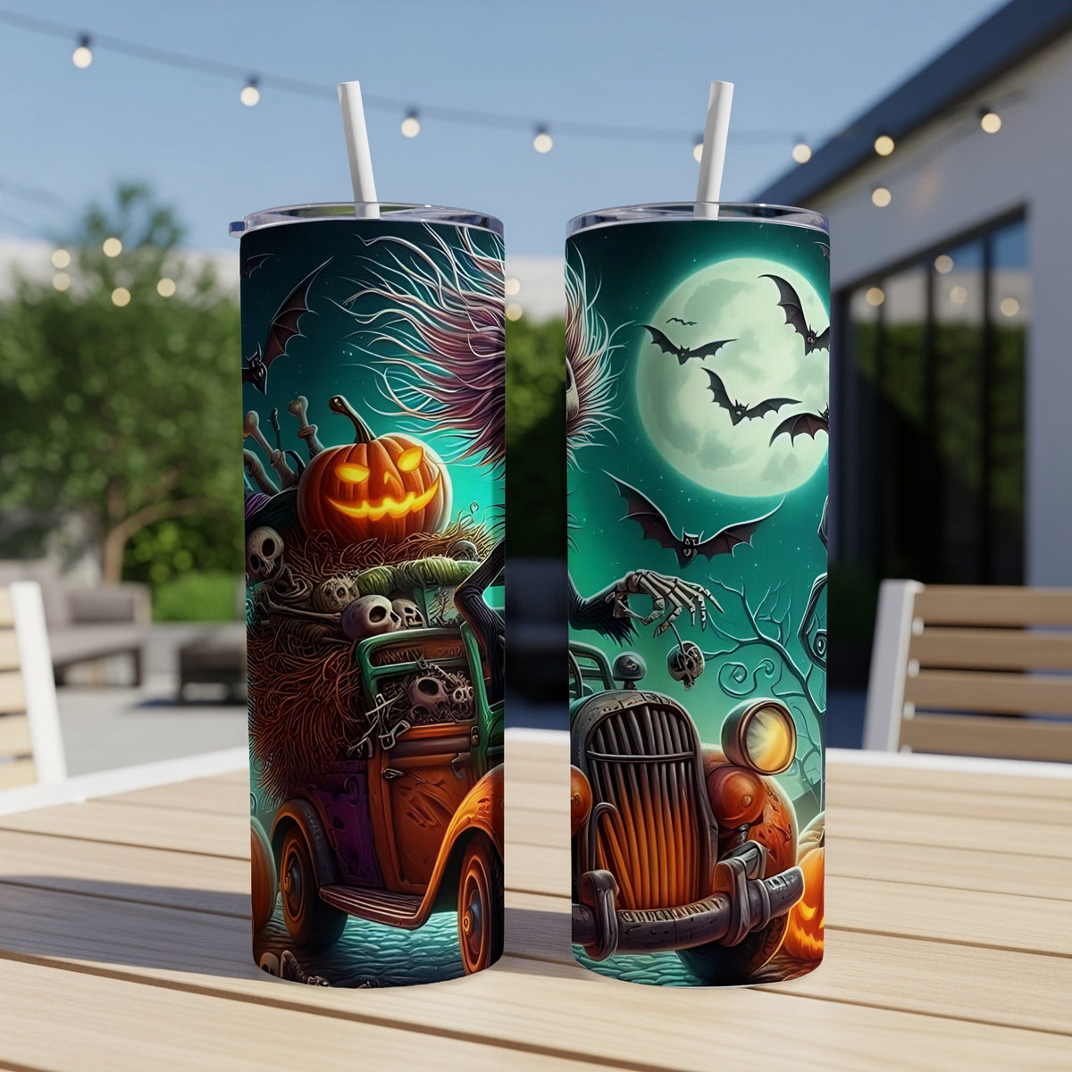 Halloween themed tumblers with pumpkins, skulls, and bats on antique cars.