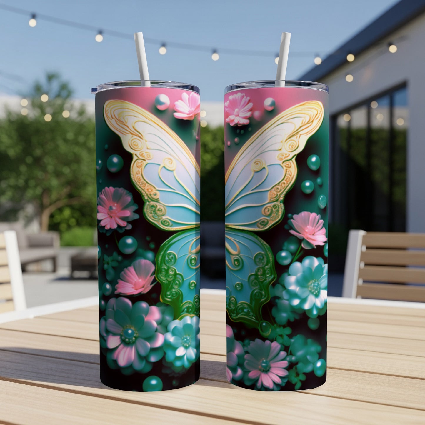 Two tumblers with a butterfly and floral design, displayed on a table.