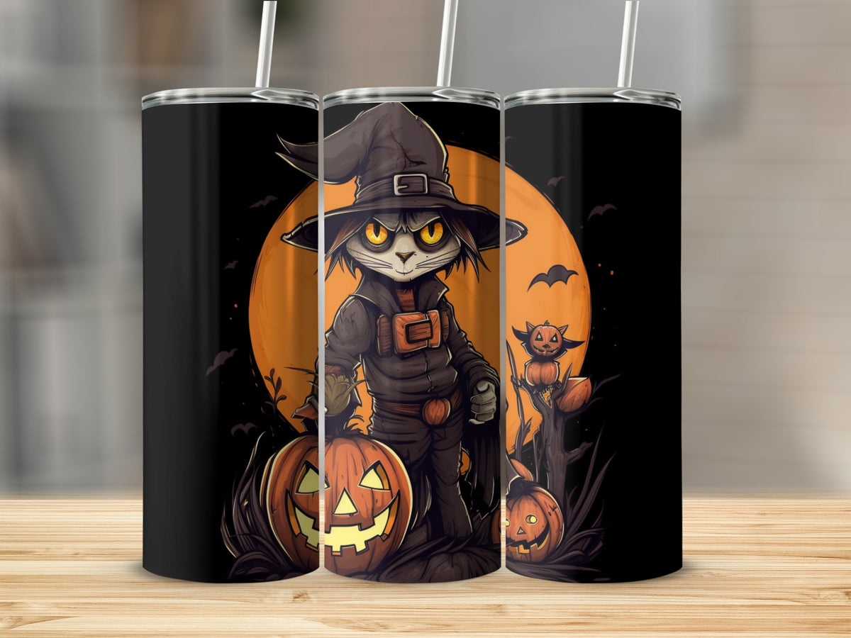 Halloween cat in witch hat with pumpkins and full moon design on tumblers.
