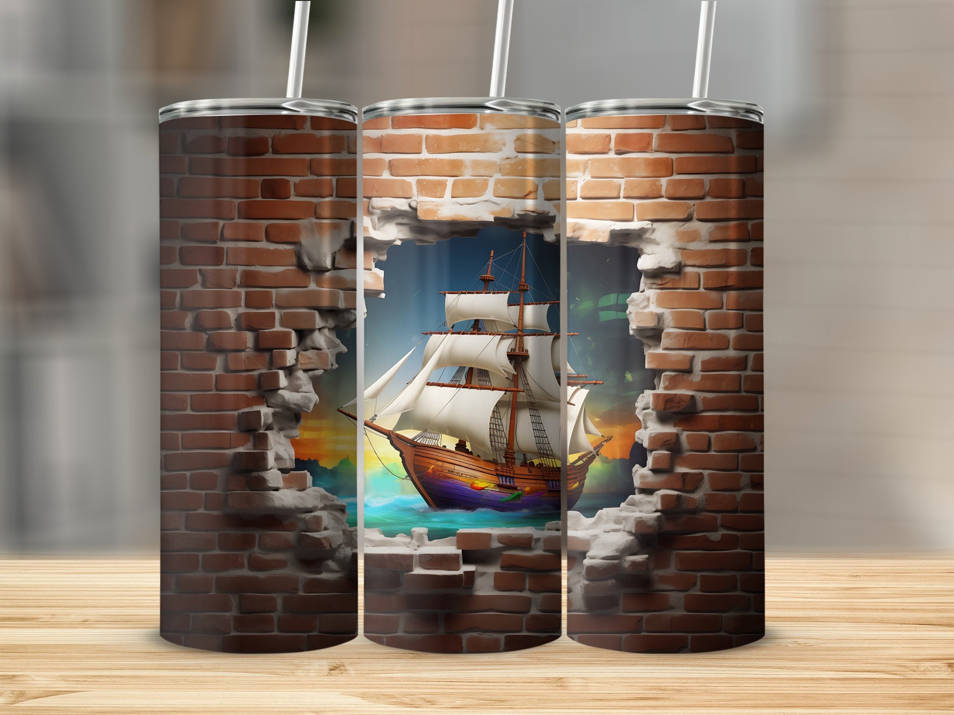 Brick Wall Cracked with Ship Graphic Tumbler