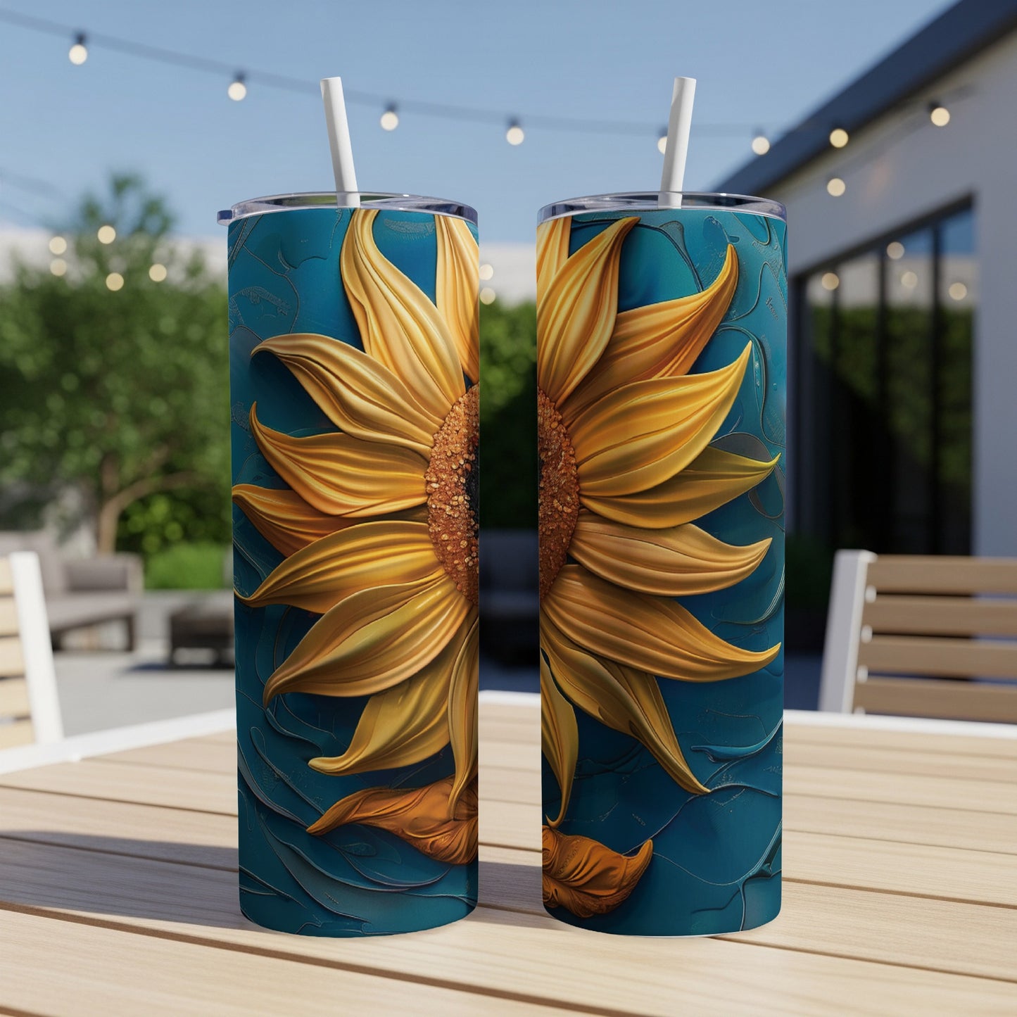 Two tall tumblers featuring a vibrant golden sunflower on a textured blue background.
