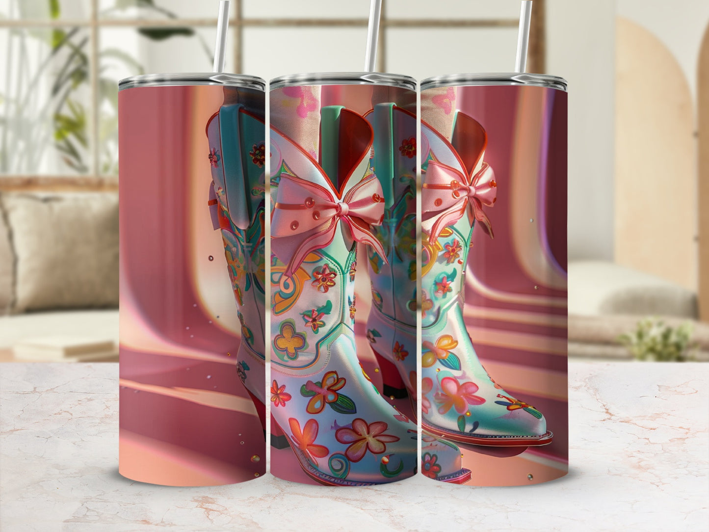Three teal cowboy boots with floral designs and pink bows, side view.