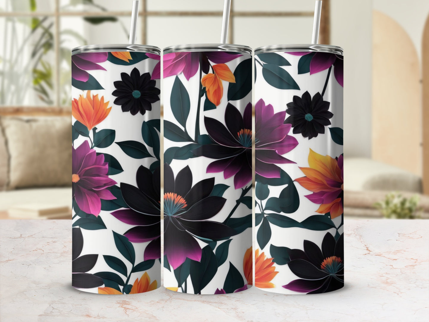 Three tumblers with dark floral and orange leaf designs.