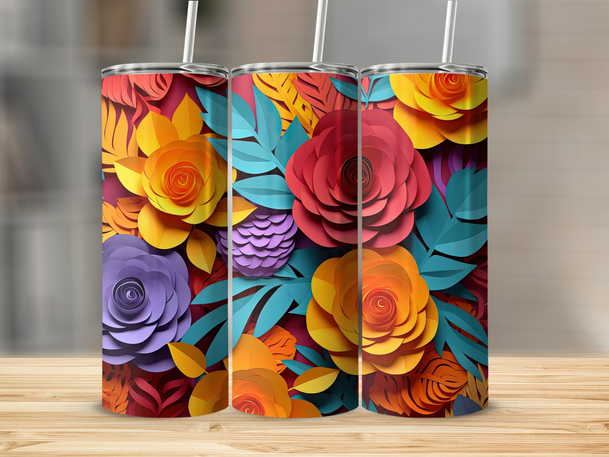 Colorful Floral Patterned Tumbler with Lid and Straw