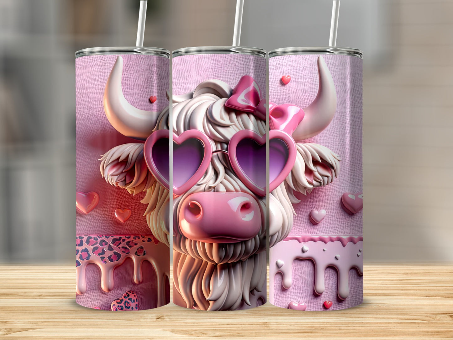 Highland cow with pink heart sunglasses and pink bow, wearing necklace.