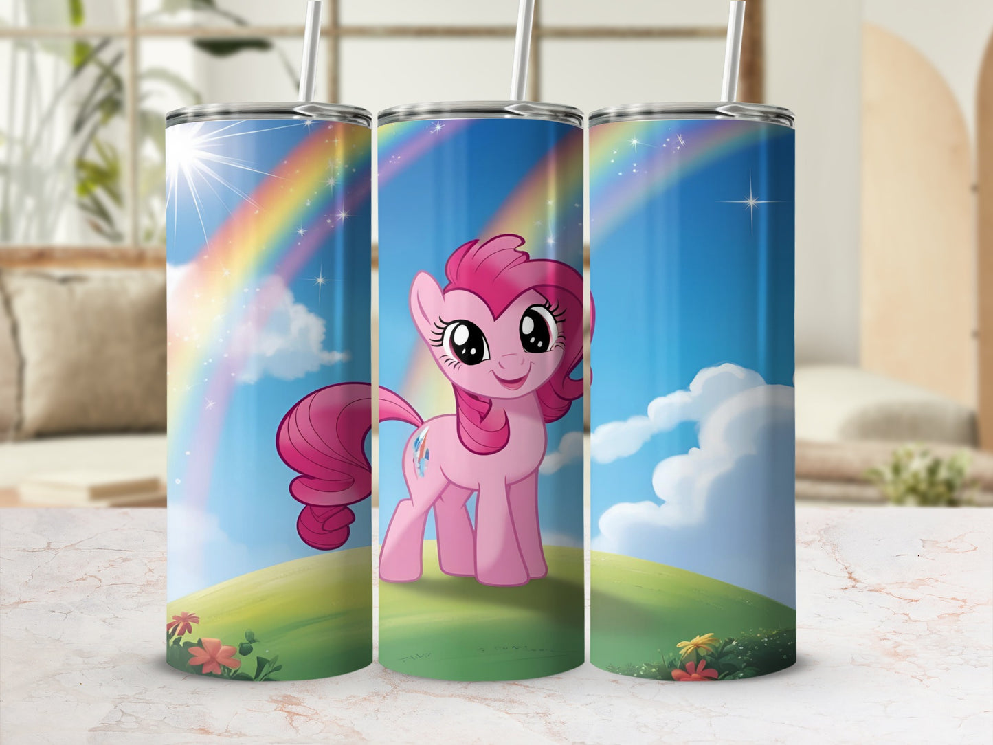 Pinkie Pie from My Little Pony on a colorful, rainbow-filled tumbler.