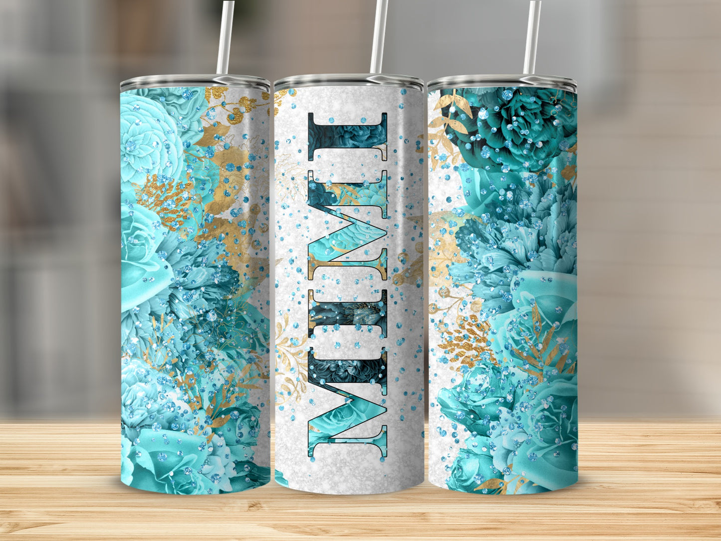 MIMI Aqua Teal Gold Floral Glitter Sparkle Tumbler product type