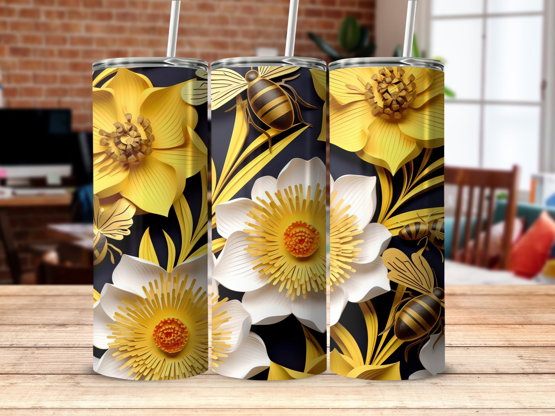 Vibrant Yellow Floral and Bee Design Tumbler