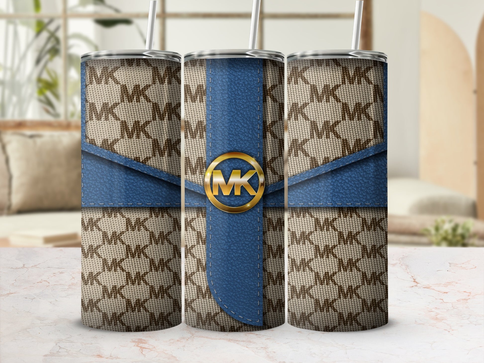 Monogram Patterned Tumbler with Blue Accents 20oz Cup