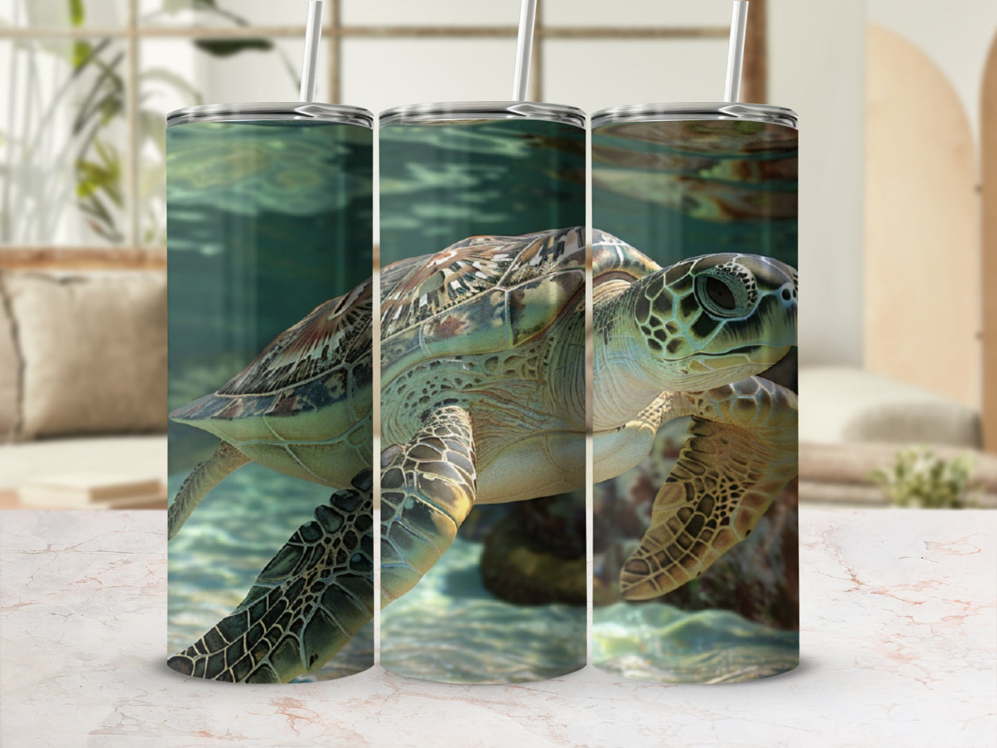 Sea turtle swimming underwater with sunlight filtering through.
