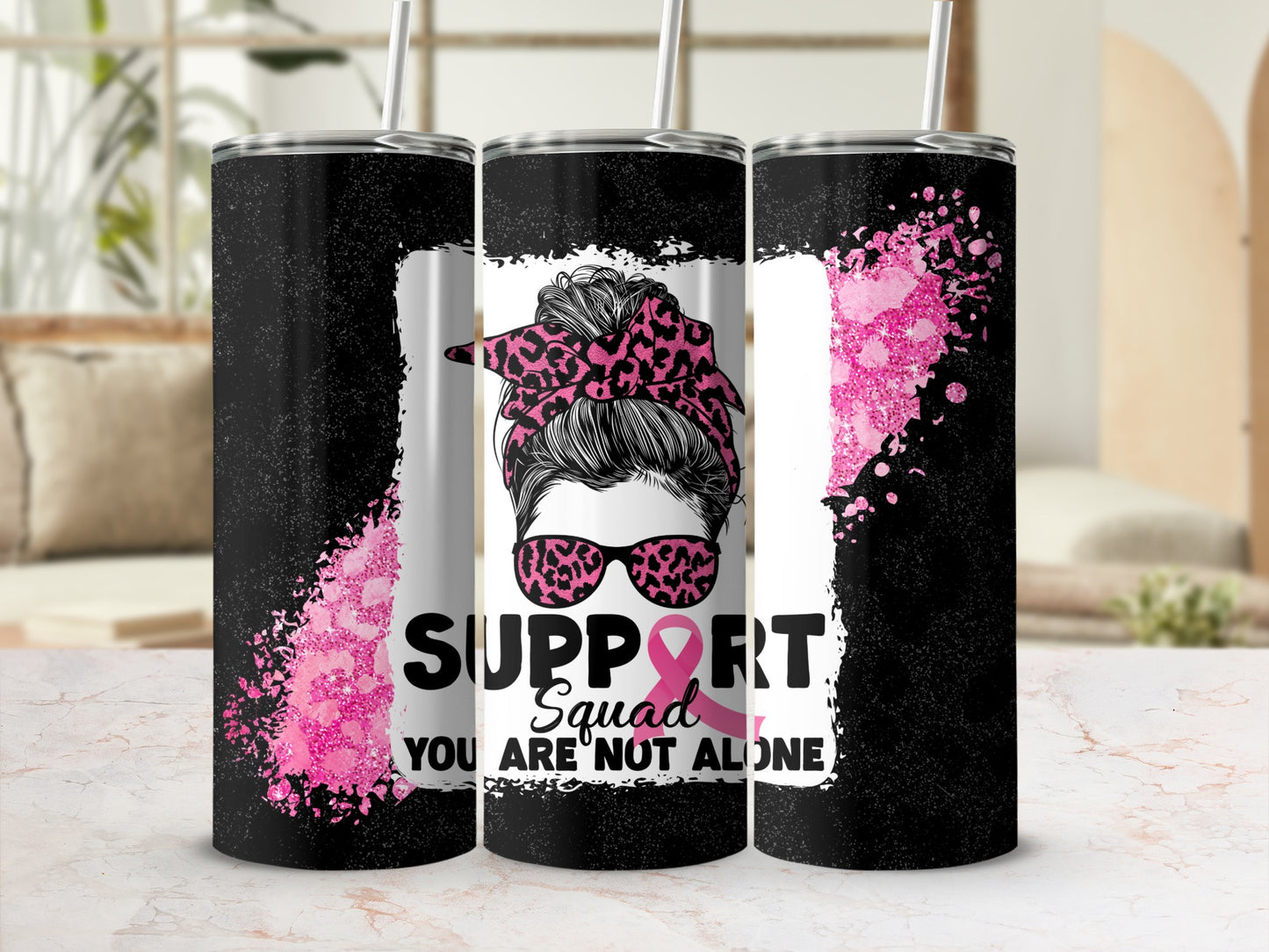Black tumbler with pink leopard print design and "Support Squad" text.