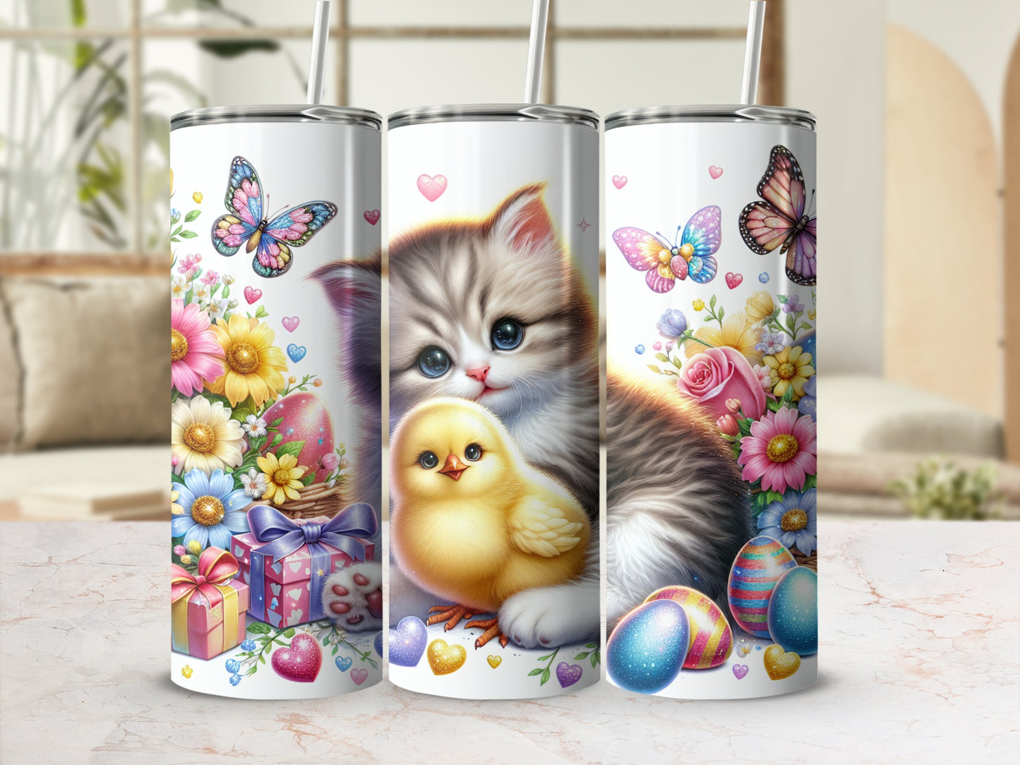 Kitten and chick with Easter eggs and butterflies surrounded by flowers.
