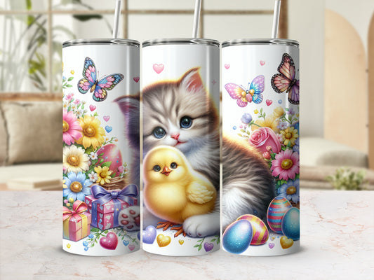 Kitten and chick with Easter eggs and butterflies surrounded by flowers.