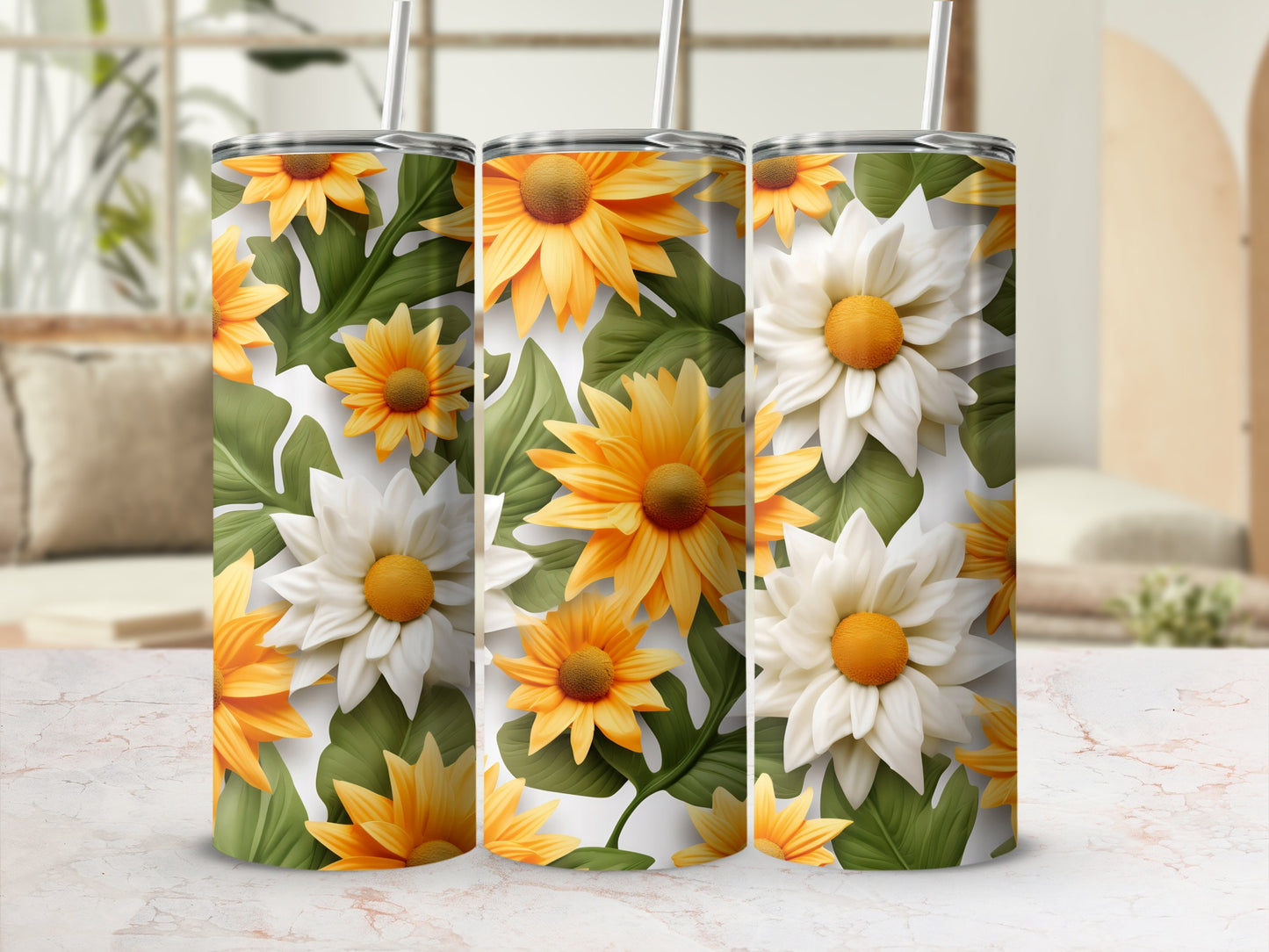 Sunflower and Daisy Stainless Steel Tumbler Cups