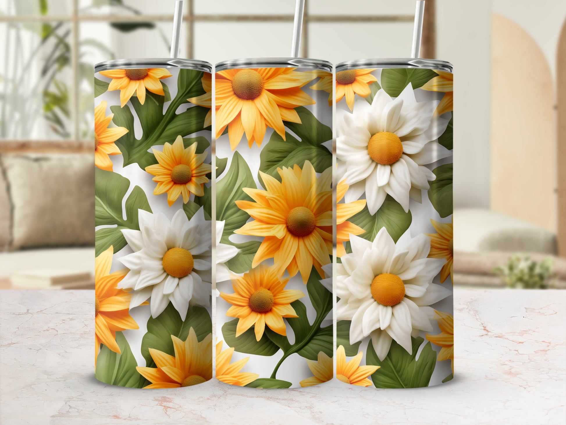 Sunflower and Daisy Stainless Steel Tumbler Cups