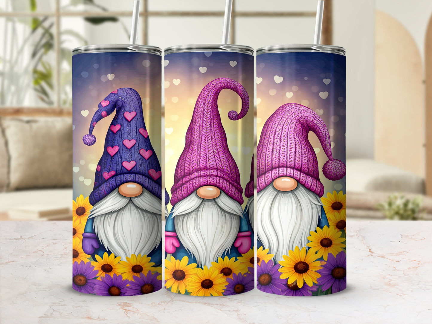 Three gnomes with pink hats and hearts stand in front of sunflowers.