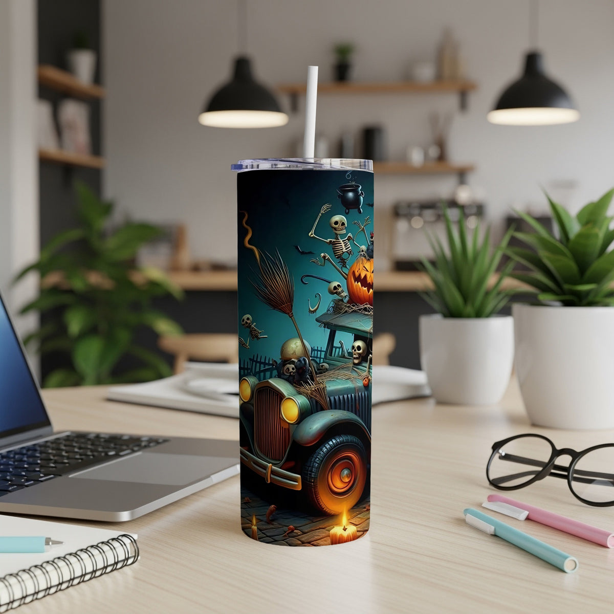 Halloween tumbler with skeletons, pumpkin, broom, and vintage car design.