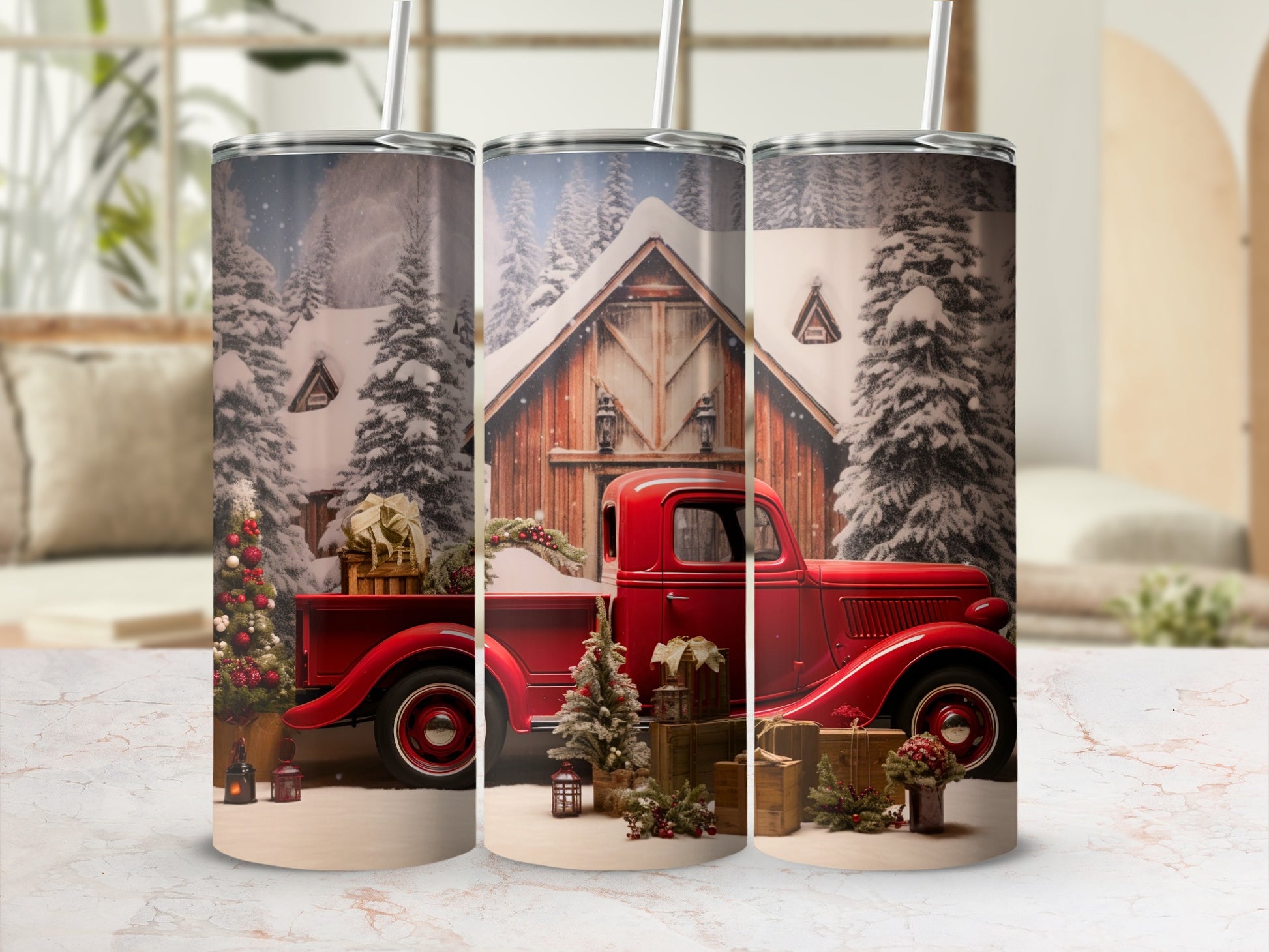 Vintage Red Truck Rustic Winter Christmas Scene tumbler