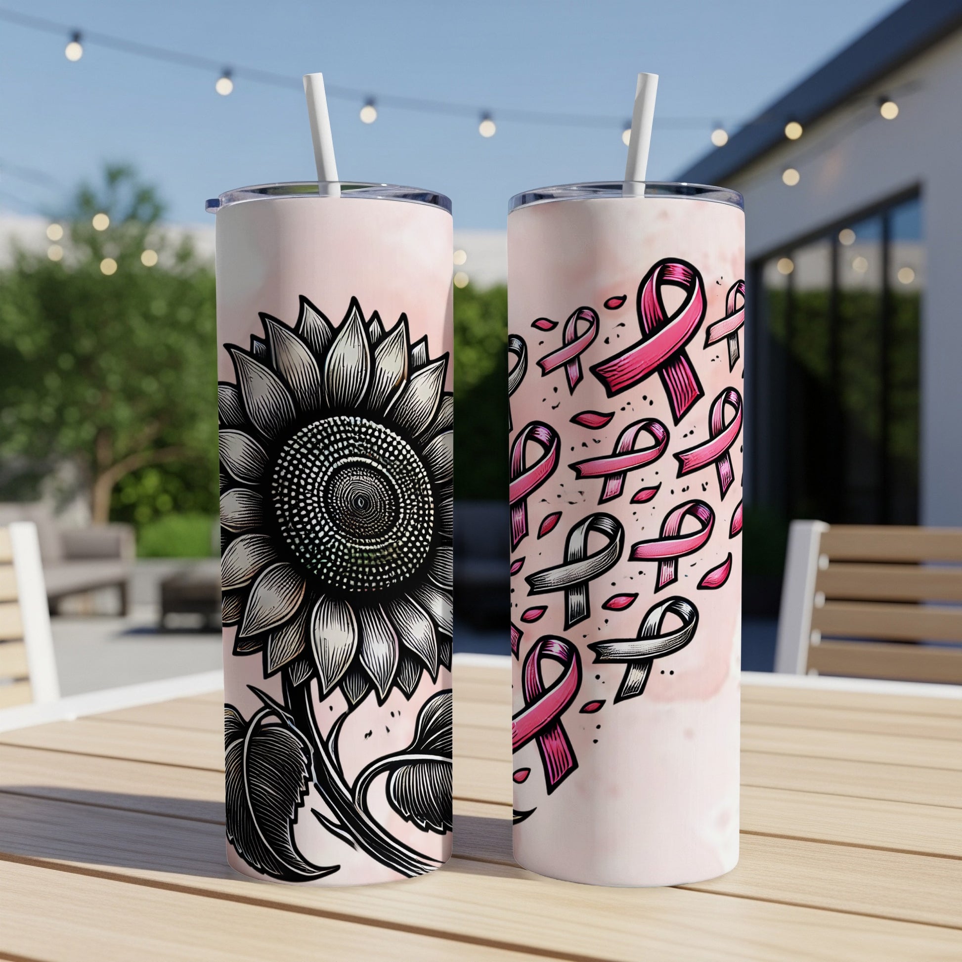 Two tall tumblers, one with sunflower, one with pink ribbons.