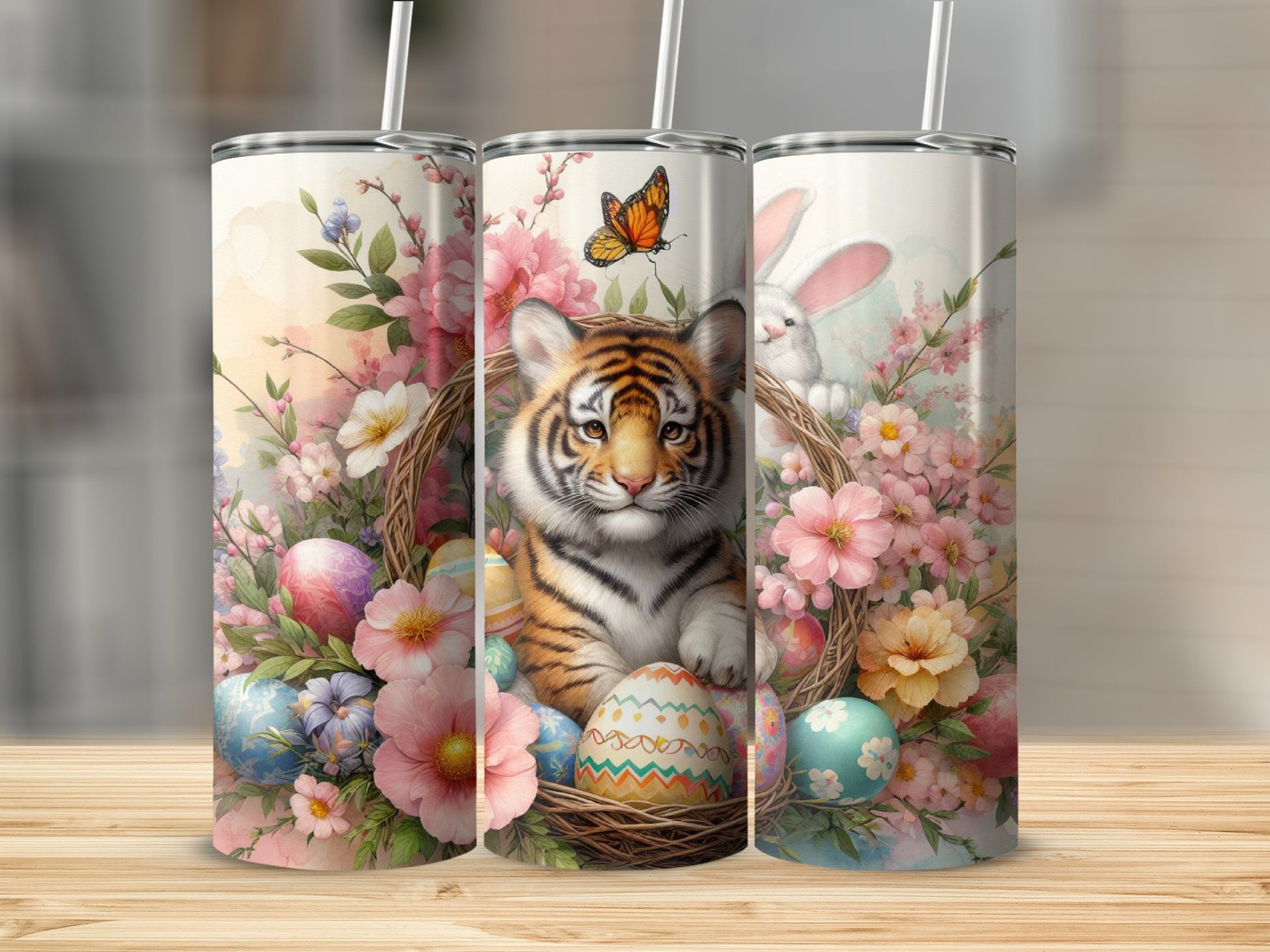 Tiger and bunny in Easter basket with decorated eggs and flowers.