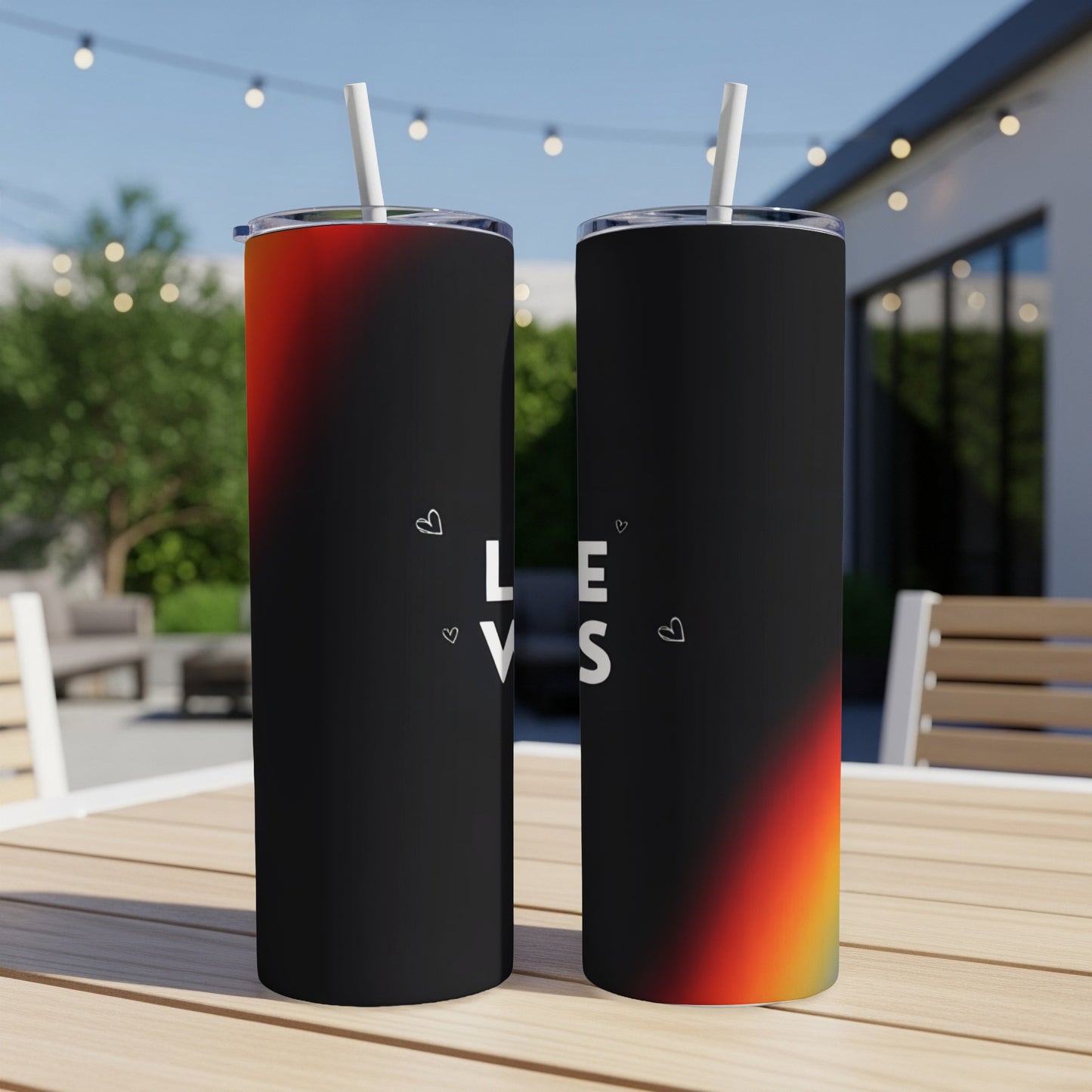 Two tumblers with gradient background and "love is" text.