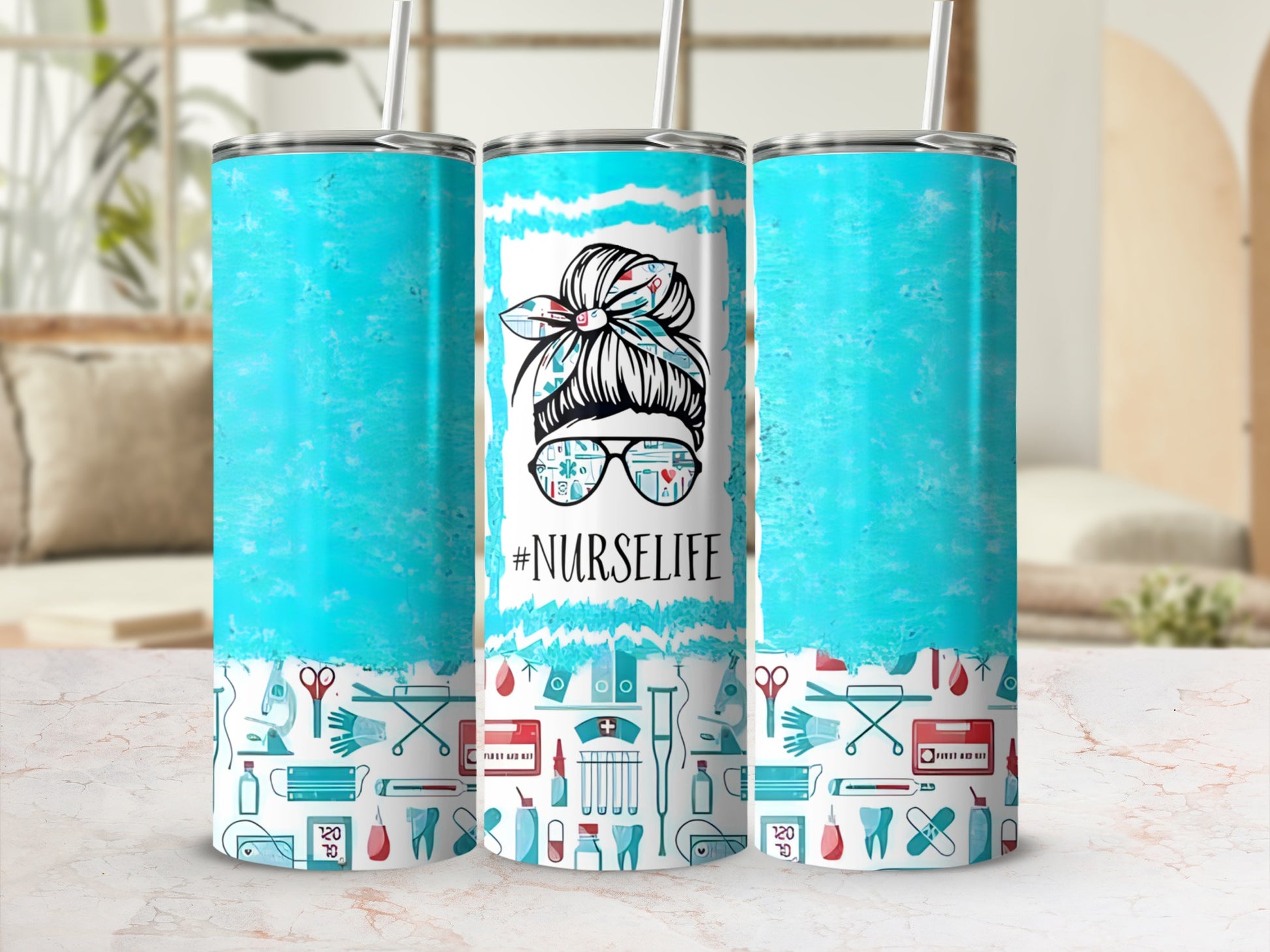 Turquoise tumbler with #Nurselife and medical icons.