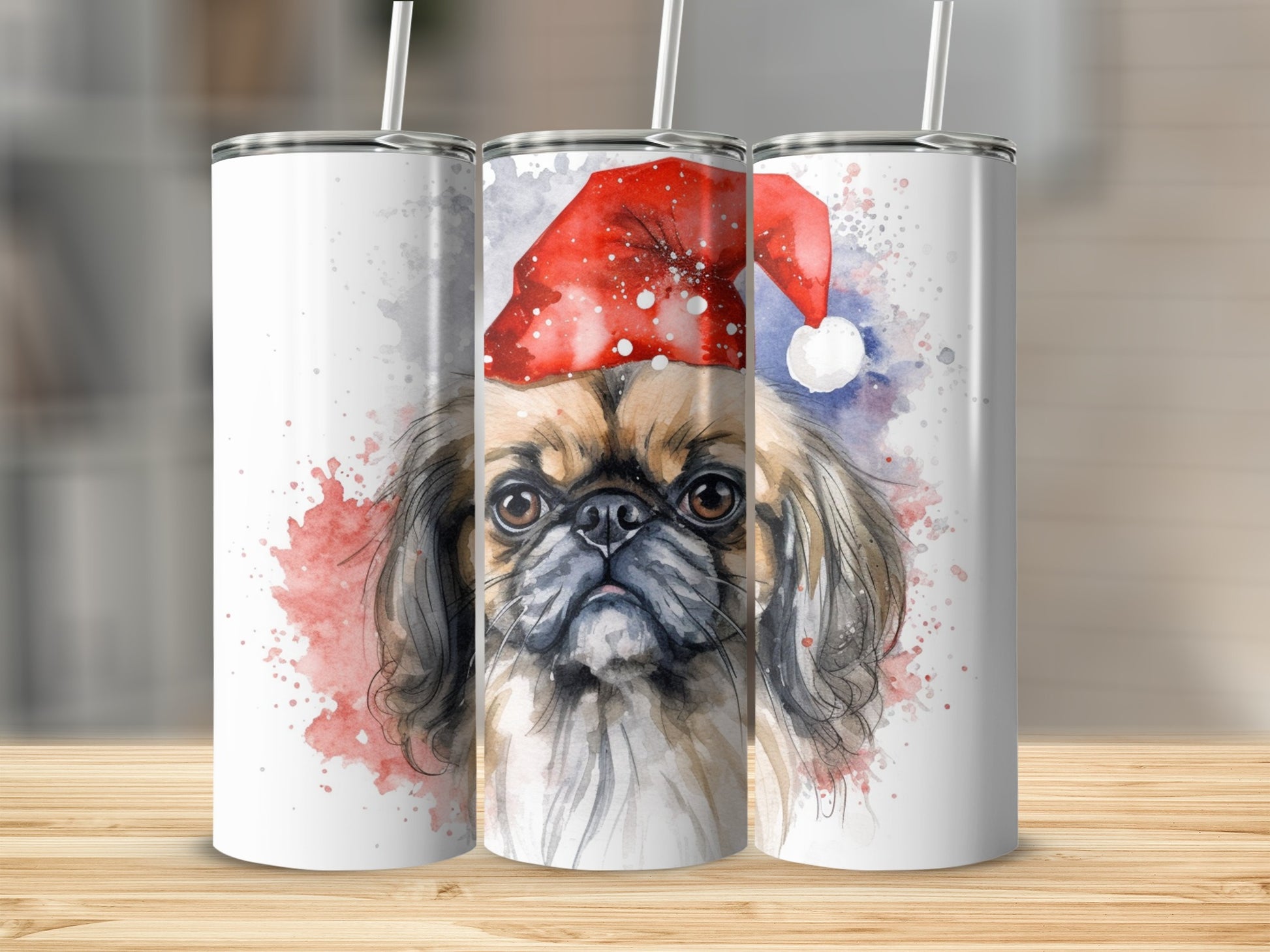 Pekingese dog in a Santa hat with watercolor splashes.